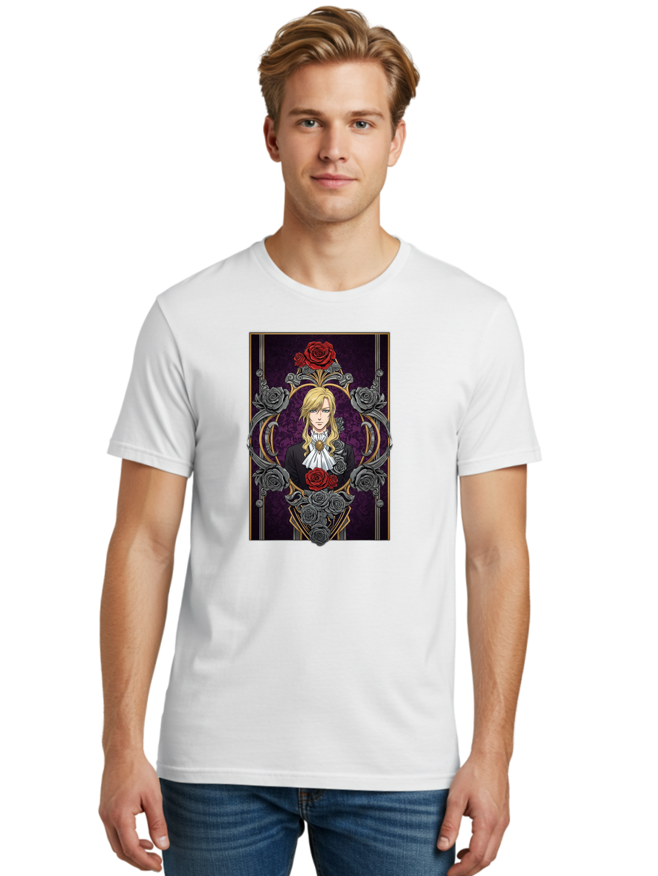 Blonde-Man-With-Roses Men'S Graphic Tee, 100% Cotton, Comfortable Casual Summer Wear, Machine Washable, Anime Character Art, Blond Man In Black Suit, White Ruffled Collar, Red And Gray Roses, Gothic Frame, Elegant Design, Intricate Details, Bab686
