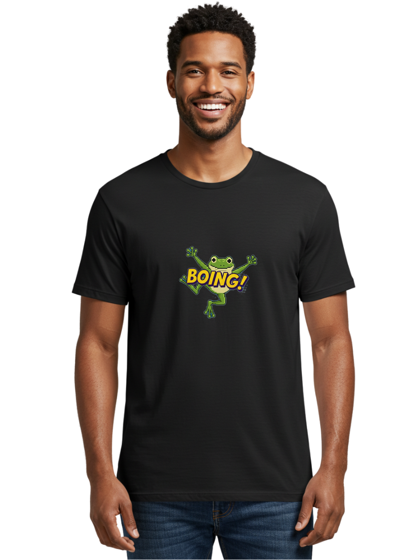 Boing-Frog-1 Men'S Graphic Tee, 100% Cotton, Comfortable Casual Summer Wear, Machine Washable, Funny Cartoon Frog, Playful Illustration, Cartoon Character, Comedic Graphic, Humorous Image, Entertaining Design, Boing! Text, Frog Jumping, Bab689