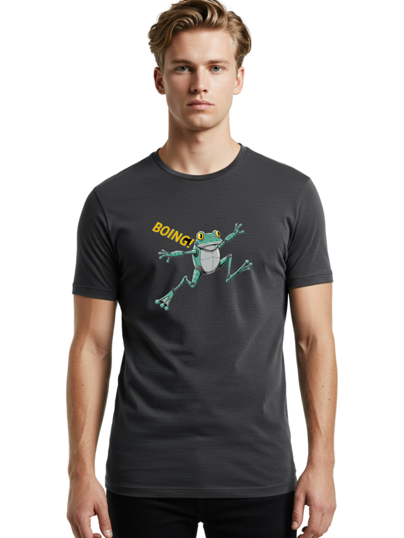Boing-Frog-3 Men'S Graphic Tee, 100% Cotton, Comfortable Casual Summer Wear, Machine Washable, Cartoon Frog, Funny Animal, Playful Amphibian, Yellow Eyes, Jumping Motion, Comic Effect, Boing Text, Playful Vibe, Cartoon Character, Bab691