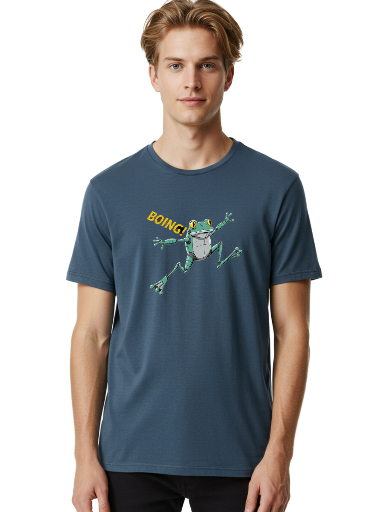Boing-Frog-3 Men'S Graphic Tee, 100% Cotton, Comfortable Casual Summer Wear, Machine Washable, Cartoon Frog, Funny Animal, Playful Amphibian, Yellow Eyes, Jumping Motion, Comic Effect, Boing Text, Playful Vibe, Cartoon Character, Bab691
