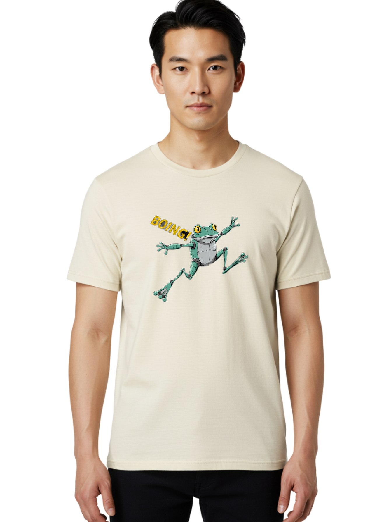 Boing-Frog-3 Men'S Graphic Tee, 100% Cotton, Comfortable Casual Summer Wear, Machine Washable, Cartoon Frog, Funny Animal, Playful Amphibian, Yellow Eyes, Jumping Motion, Comic Effect, Boing Text, Playful Vibe, Cartoon Character, Bab691