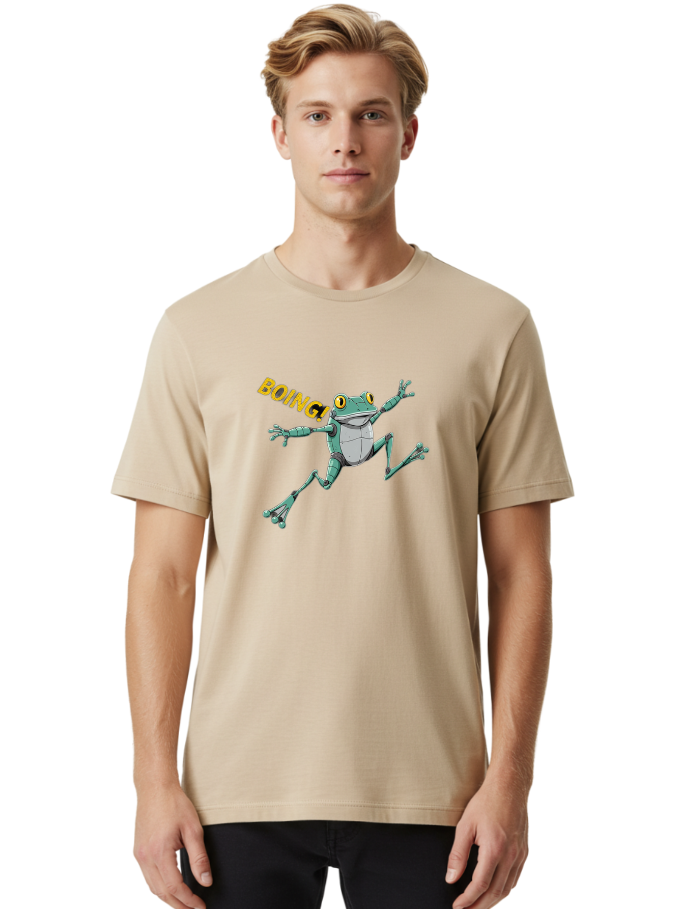 Boing-Frog-3 Men'S Graphic Tee, 100% Cotton, Comfortable Casual Summer Wear, Machine Washable, Cartoon Frog, Funny Animal, Playful Amphibian, Yellow Eyes, Jumping Motion, Comic Effect, Boing Text, Playful Vibe, Cartoon Character, Bab691