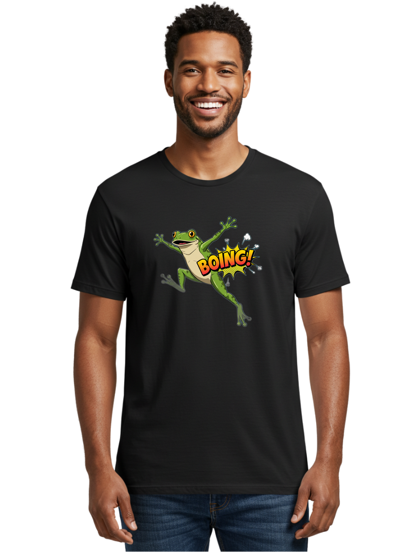 Boing-Frog Men'S Graphic Tee, 100% Cotton, Comfortable Casual Summer Wear, Machine Washable, Cartoon Frog Jumping, Comedic Relief, Humorous Illustration, Action Comic Style, Funny Amphibian, Playful Graphics, Boing! Text Effect, Dynamic Pose Bab692