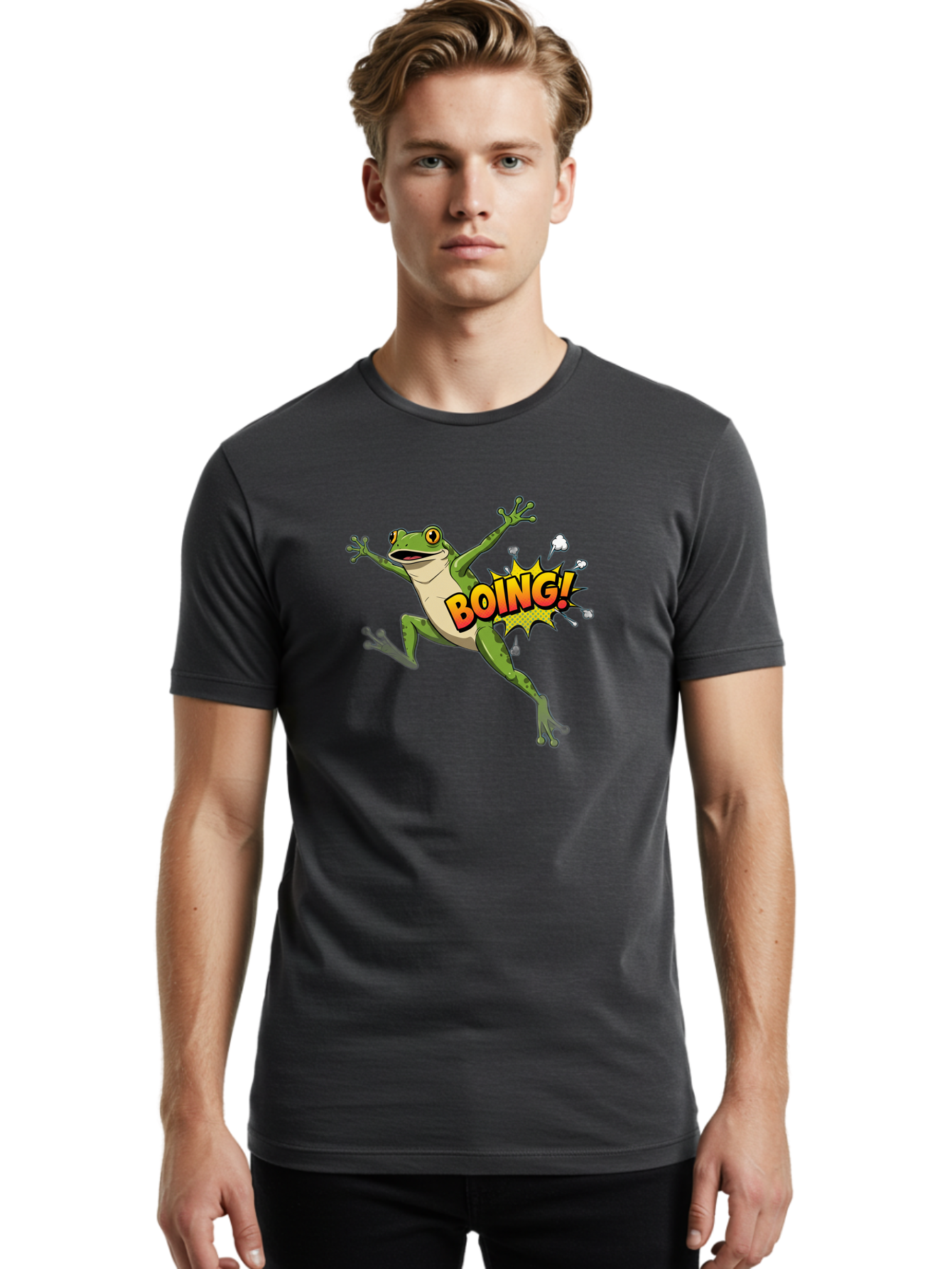 Boing-Frog Men'S Graphic Tee, 100% Cotton, Comfortable Casual Summer Wear, Machine Washable, Cartoon Frog Jumping, Comedic Relief, Humorous Illustration, Action Comic Style, Funny Amphibian, Playful Graphics, Boing! Text Effect, Dynamic Pose Bab692