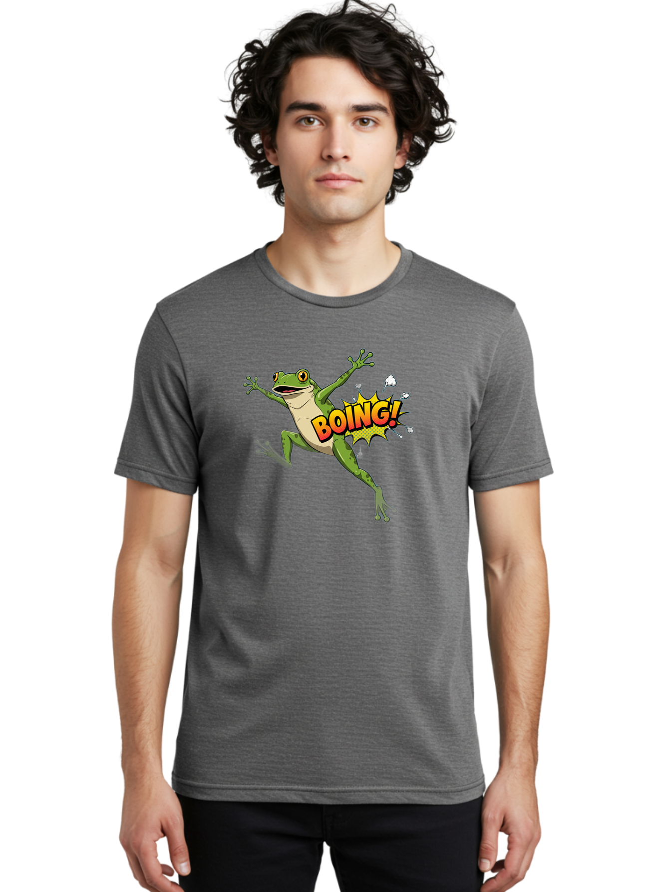 Boing-Frog Men'S Graphic Tee, 100% Cotton, Comfortable Casual Summer Wear, Machine Washable, Cartoon Frog Jumping, Comedic Relief, Humorous Illustration, Action Comic Style, Funny Amphibian, Playful Graphics, Boing! Text Effect, Dynamic Pose Bab692