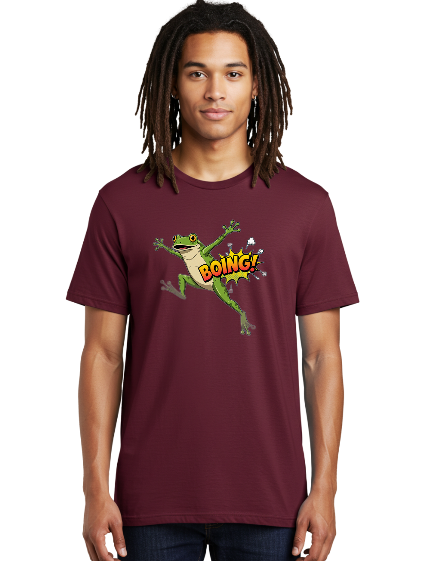 Boing-Frog Men'S Graphic Tee, 100% Cotton, Comfortable Casual Summer Wear, Machine Washable, Cartoon Frog Jumping, Comedic Relief, Humorous Illustration, Action Comic Style, Funny Amphibian, Playful Graphics, Boing! Text Effect, Dynamic Pose Bab692
