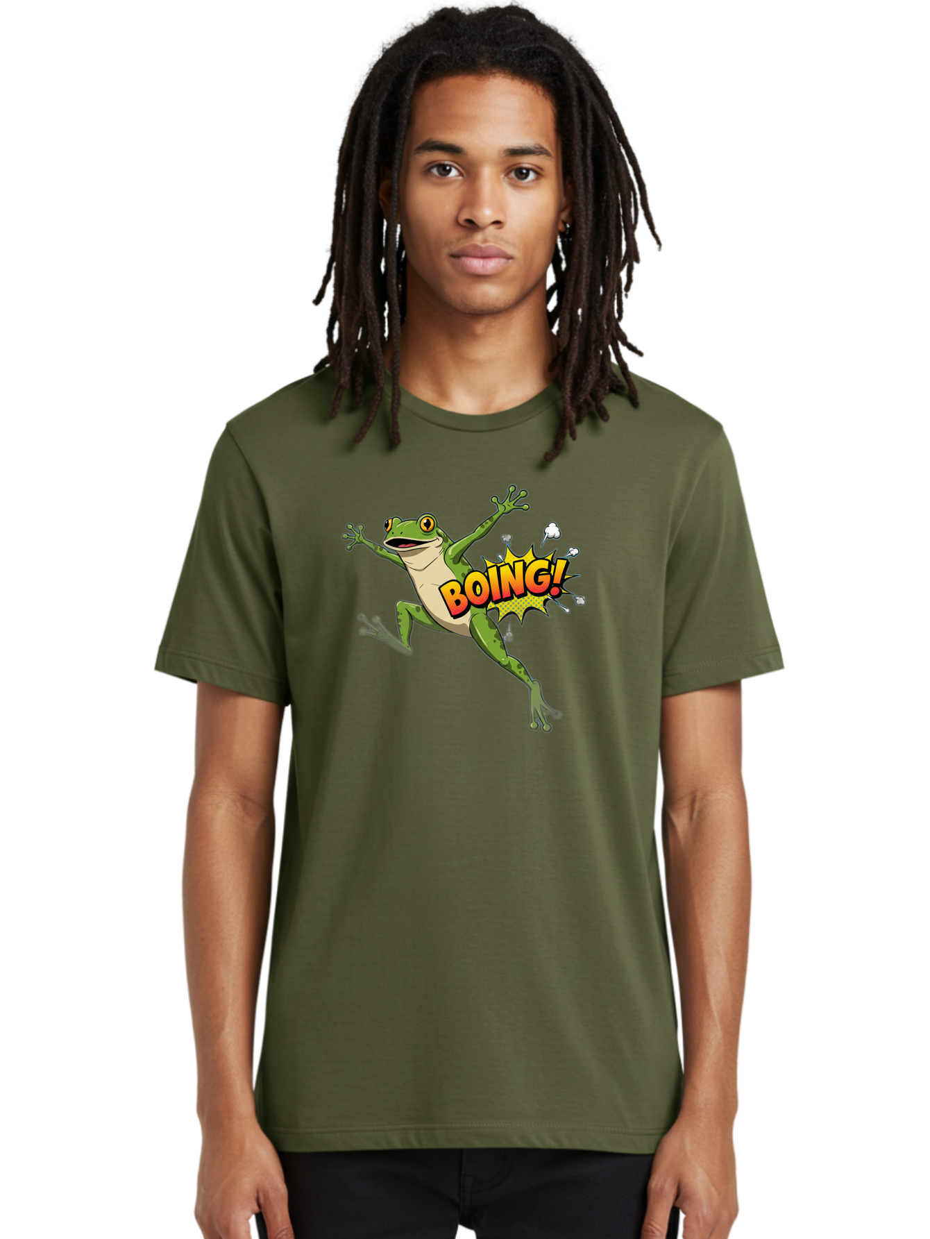 Boing-Frog Men'S Graphic Tee, 100% Cotton, Comfortable Casual Summer Wear, Machine Washable, Cartoon Frog Jumping, Comedic Relief, Humorous Illustration, Action Comic Style, Funny Amphibian, Playful Graphics, Boing! Text Effect, Dynamic Pose Bab692