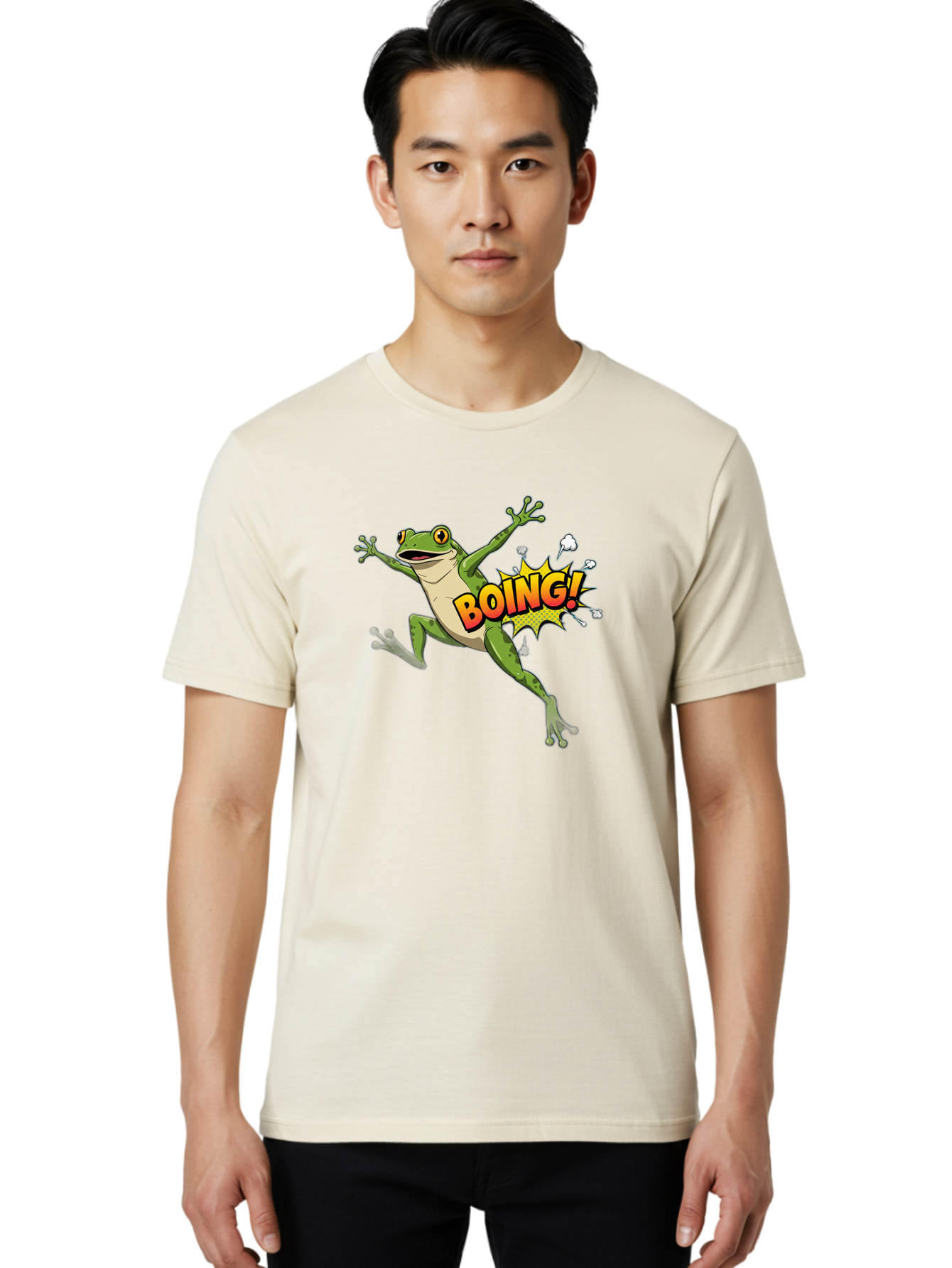 Boing-Frog Men'S Graphic Tee, 100% Cotton, Comfortable Casual Summer Wear, Machine Washable, Cartoon Frog Jumping, Comedic Relief, Humorous Illustration, Action Comic Style, Funny Amphibian, Playful Graphics, Boing! Text Effect, Dynamic Pose Bab692