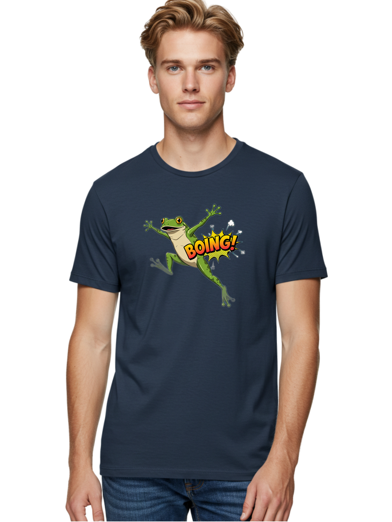 Boing-Frog Men'S Graphic Tee, 100% Cotton, Comfortable Casual Summer Wear, Machine Washable, Cartoon Frog Jumping, Comedic Relief, Humorous Illustration, Action Comic Style, Funny Amphibian, Playful Graphics, Boing! Text Effect, Dynamic Pose Bab692