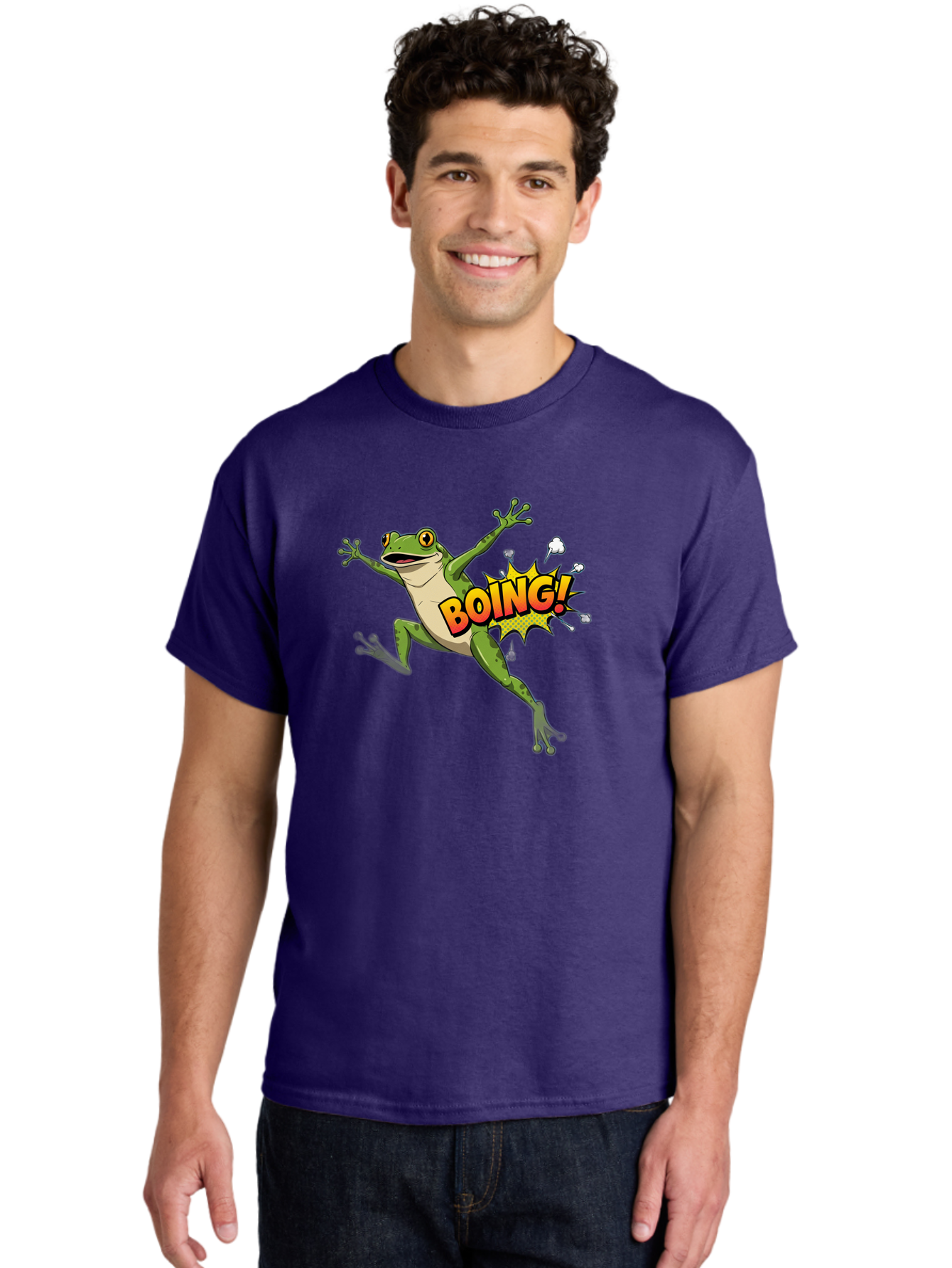 Boing-Frog Men'S Graphic Tee, 100% Cotton, Comfortable Casual Summer Wear, Machine Washable, Cartoon Frog Jumping, Comedic Relief, Humorous Illustration, Action Comic Style, Funny Amphibian, Playful Graphics, Boing! Text Effect, Dynamic Pose Bab692