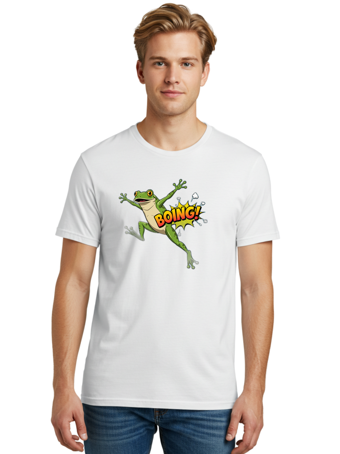 Boing-Frog Men'S Graphic Tee, 100% Cotton, Comfortable Casual Summer Wear, Machine Washable, Cartoon Frog Jumping, Comedic Relief, Humorous Illustration, Action Comic Style, Funny Amphibian, Playful Graphics, Boing! Text Effect, Dynamic Pose Bab692