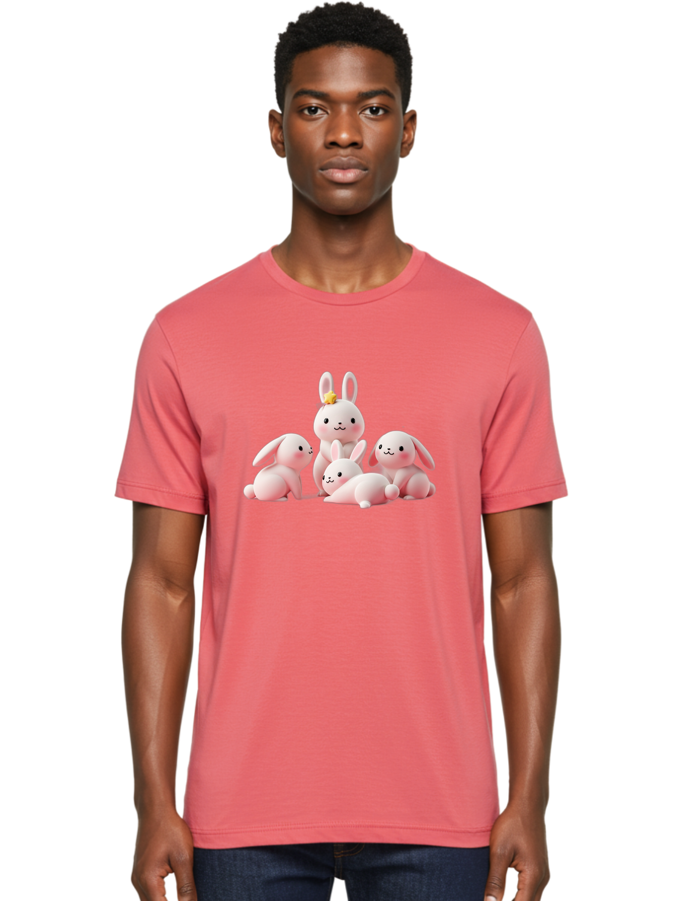 Bunnies Men'S Graphic Tee, 100% Cotton, Comfortable Casual Summer Wear, Machine Washable, Pink Bunnies, Cute Cartoon Rabbits, Adorable Creatures, Playful Animals, Smiling Faces, Rabbit Family, Pastel Colors, Easter Theme Bab699
