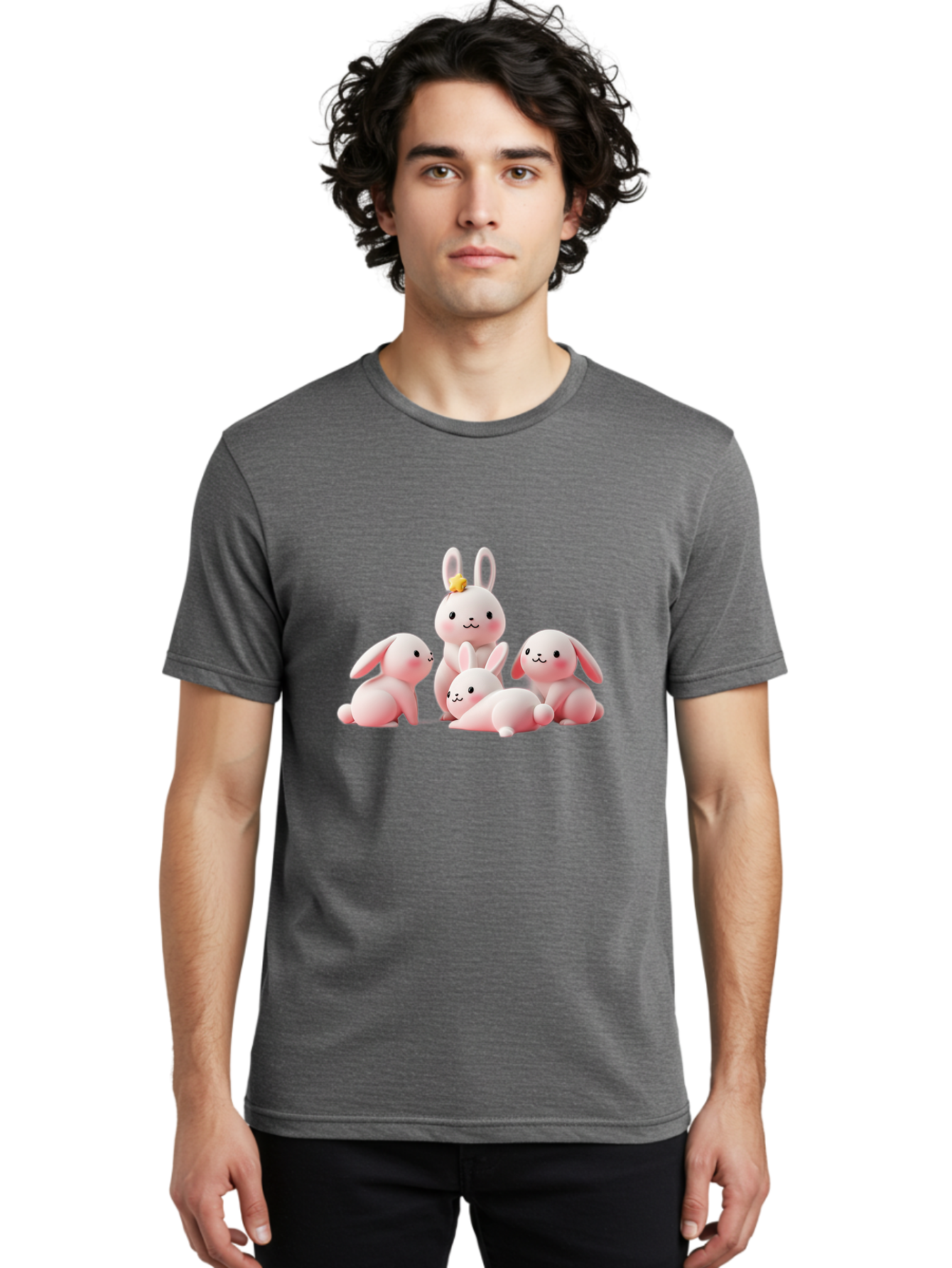 Bunnies Men'S Graphic Tee, 100% Cotton, Comfortable Casual Summer Wear, Machine Washable, Pink Bunnies, Cute Cartoon Rabbits, Adorable Creatures, Playful Animals, Smiling Faces, Rabbit Family, Pastel Colors, Easter Theme Bab699