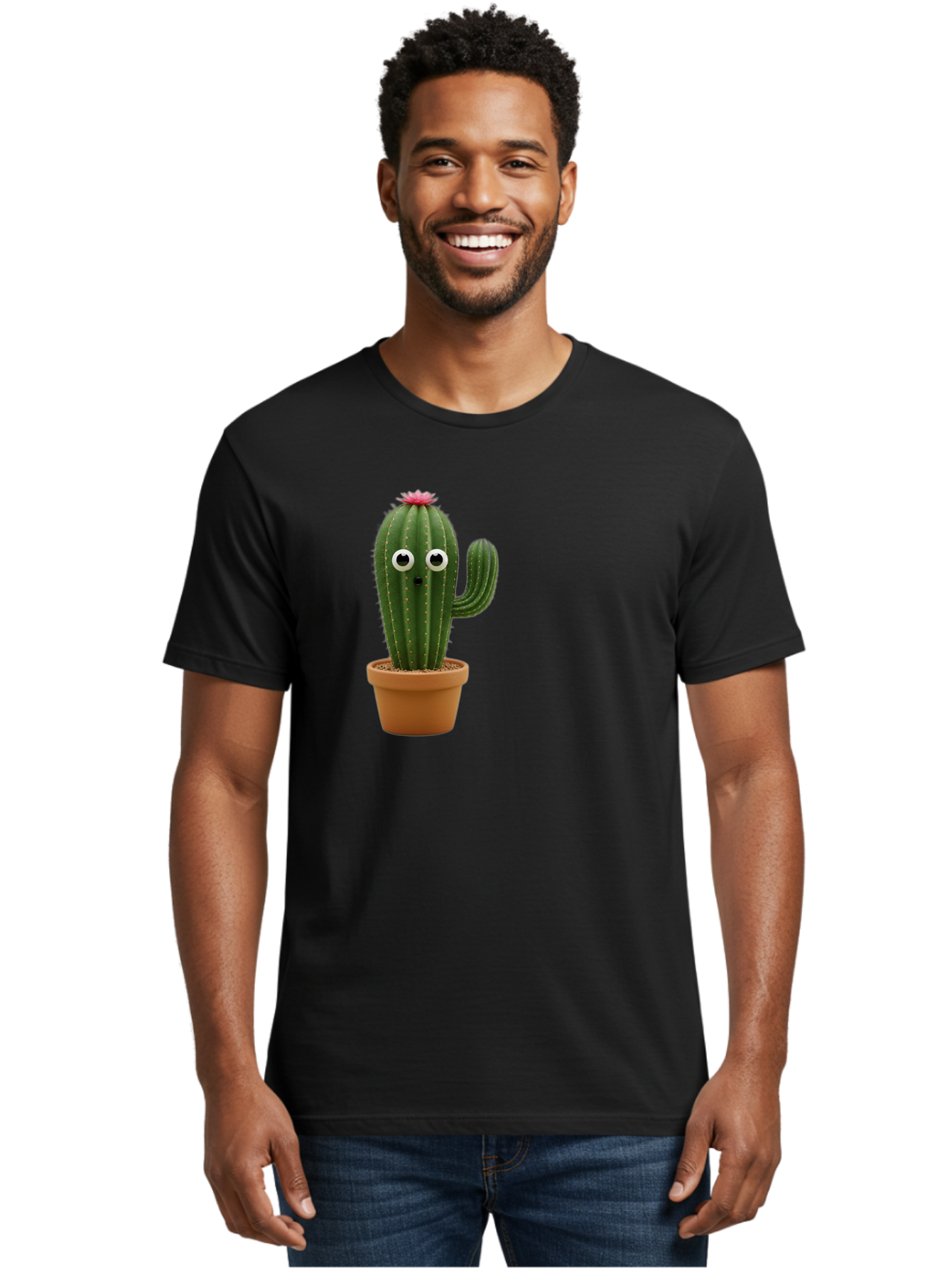 Cactus-With-Eyes Men'S Graphic Tee, 100% Cotton, Comfortable Casual Summer Wear, Machine Washable, Cute Cactus, Cartoon Character, Funny Face, Googley Eyes, Potted Plant, Succulent, Quirky Decor, Whimsical Design, Indoor Plants, Kawaii Bab703