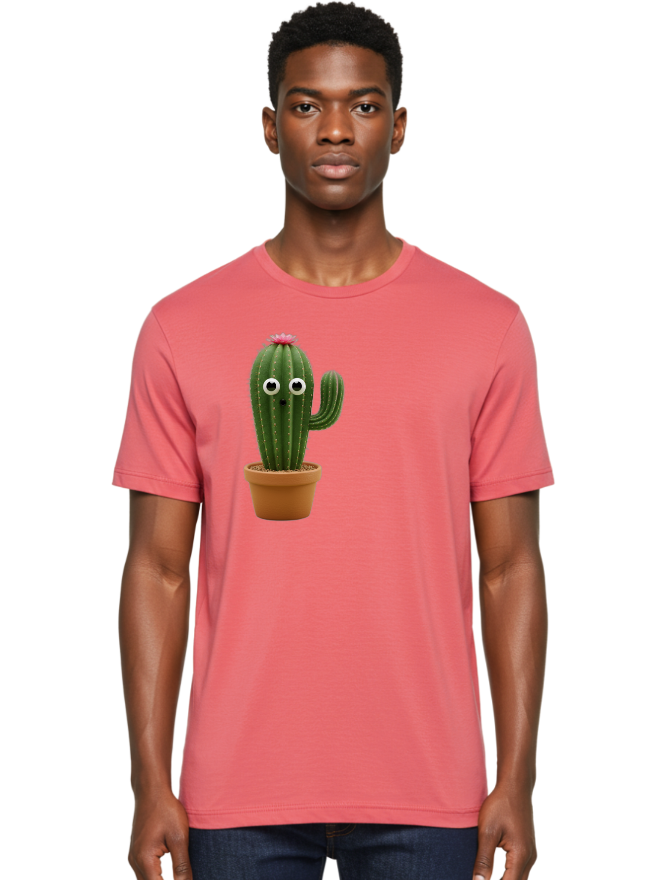 Cactus-With-Eyes Men'S Graphic Tee, 100% Cotton, Comfortable Casual Summer Wear, Machine Washable, Cute Cactus, Cartoon Character, Funny Face, Googley Eyes, Potted Plant, Succulent, Quirky Decor, Whimsical Design, Indoor Plants, Kawaii Bab703