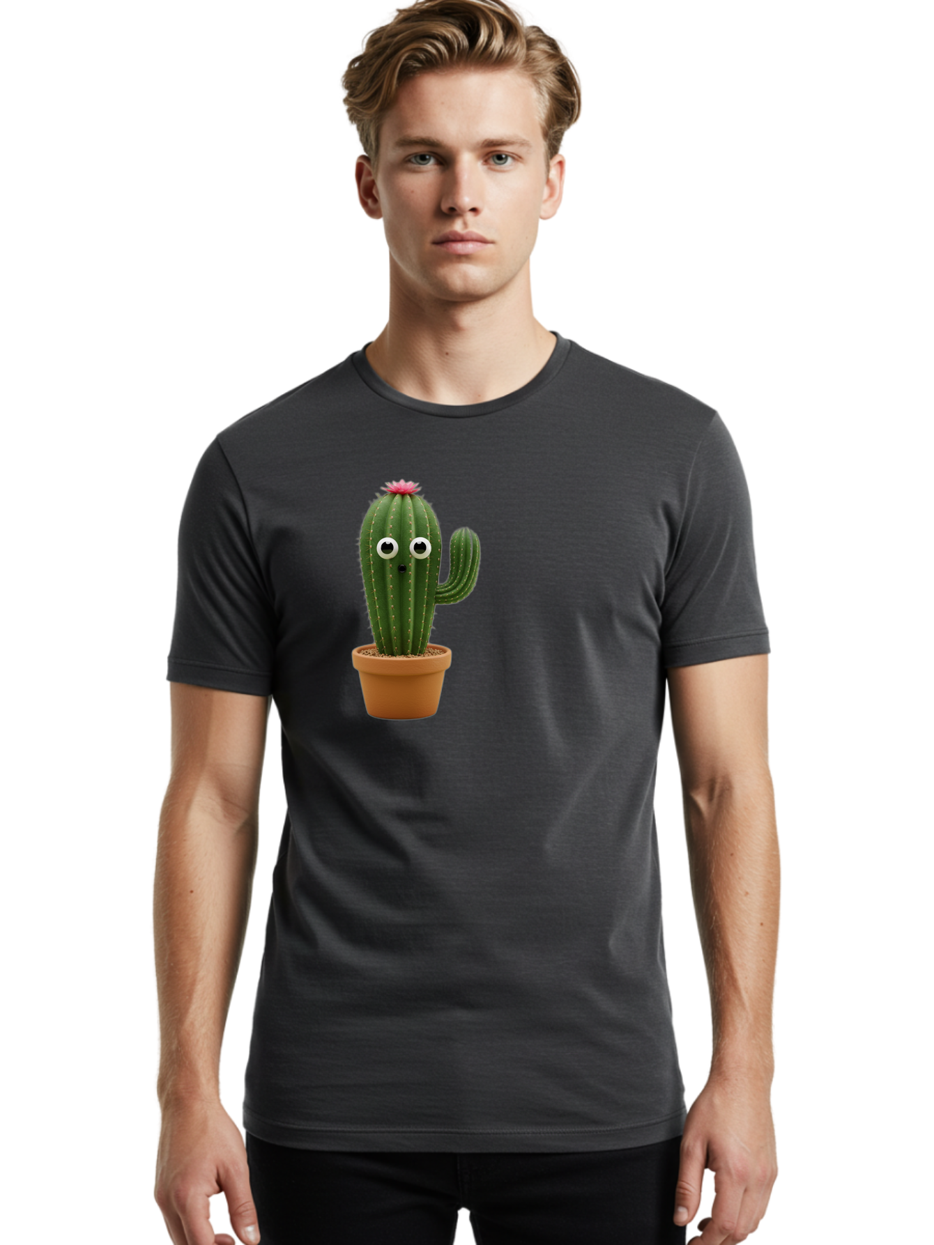Cactus-With-Eyes Men'S Graphic Tee, 100% Cotton, Comfortable Casual Summer Wear, Machine Washable, Cute Cactus, Cartoon Character, Funny Face, Googley Eyes, Potted Plant, Succulent, Quirky Decor, Whimsical Design, Indoor Plants, Kawaii Bab703
