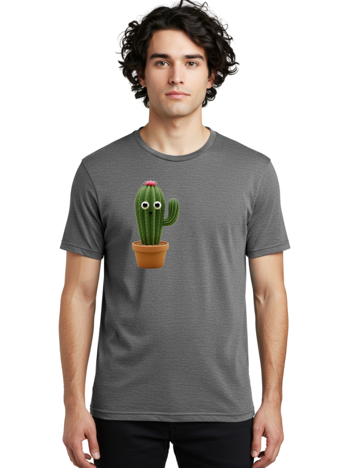Cactus-With-Eyes Men'S Graphic Tee, 100% Cotton, Comfortable Casual Summer Wear, Machine Washable, Cute Cactus, Cartoon Character, Funny Face, Googley Eyes, Potted Plant, Succulent, Quirky Decor, Whimsical Design, Indoor Plants, Kawaii Bab703