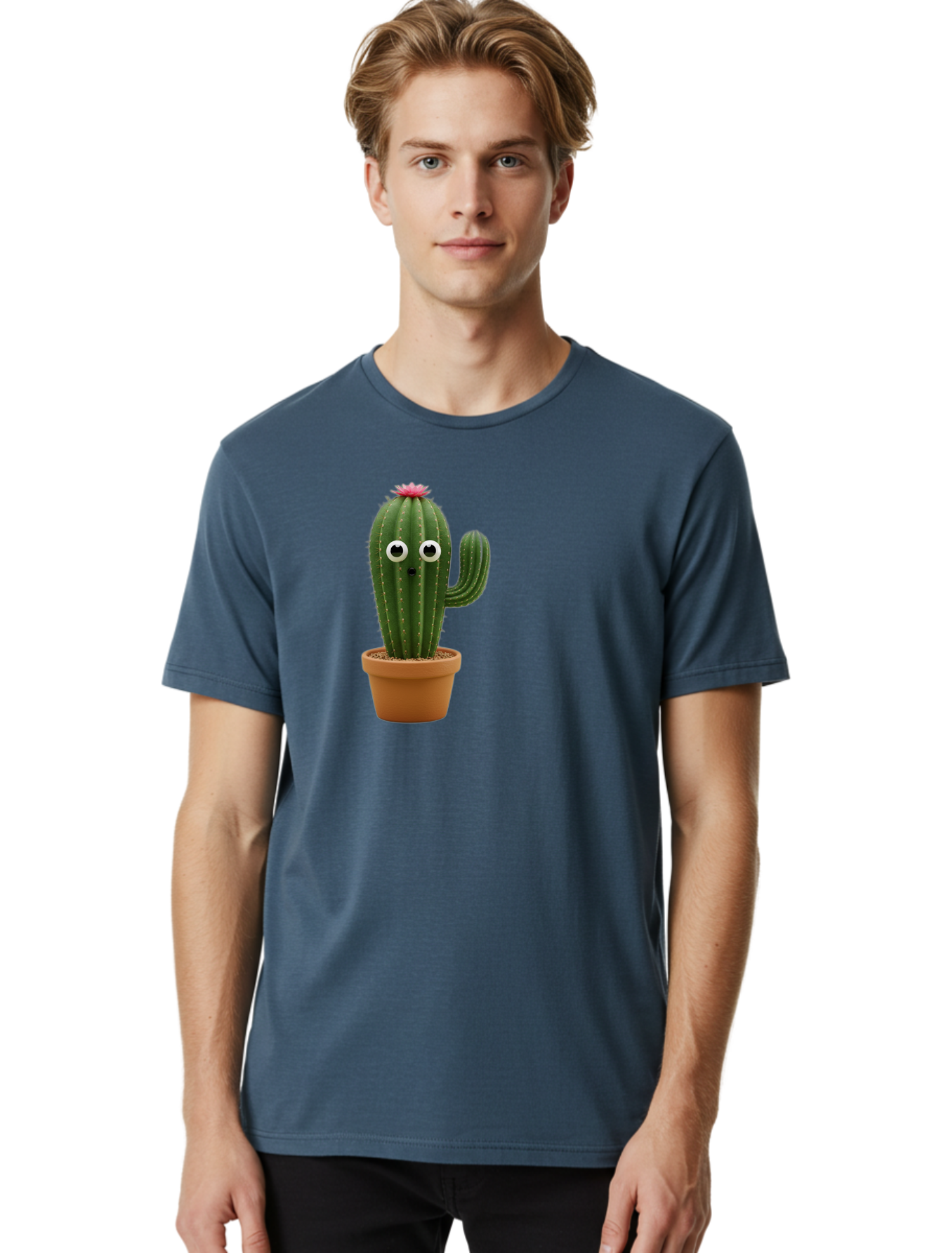 Cactus-With-Eyes Men'S Graphic Tee, 100% Cotton, Comfortable Casual Summer Wear, Machine Washable, Cute Cactus, Cartoon Character, Funny Face, Googley Eyes, Potted Plant, Succulent, Quirky Decor, Whimsical Design, Indoor Plants, Kawaii Bab703