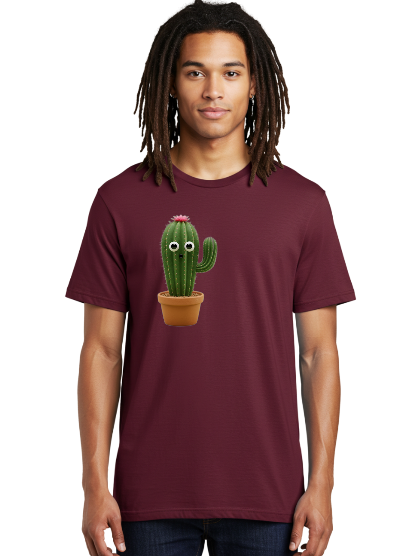 Cactus-With-Eyes Men'S Graphic Tee, 100% Cotton, Comfortable Casual Summer Wear, Machine Washable, Cute Cactus, Cartoon Character, Funny Face, Googley Eyes, Potted Plant, Succulent, Quirky Decor, Whimsical Design, Indoor Plants, Kawaii Bab703