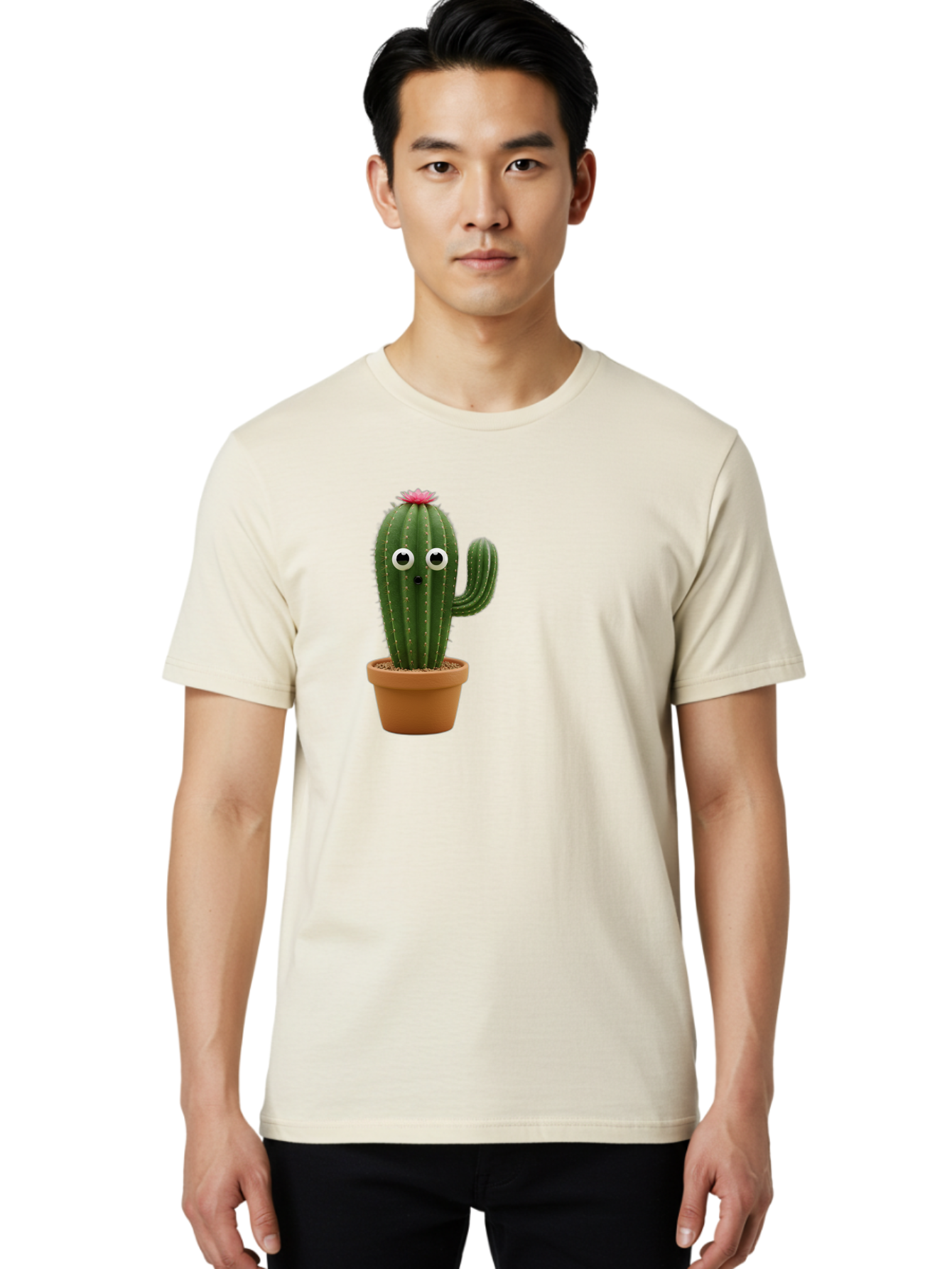 Cactus-With-Eyes Men'S Graphic Tee, 100% Cotton, Comfortable Casual Summer Wear, Machine Washable, Cute Cactus, Cartoon Character, Funny Face, Googley Eyes, Potted Plant, Succulent, Quirky Decor, Whimsical Design, Indoor Plants, Kawaii Bab703
