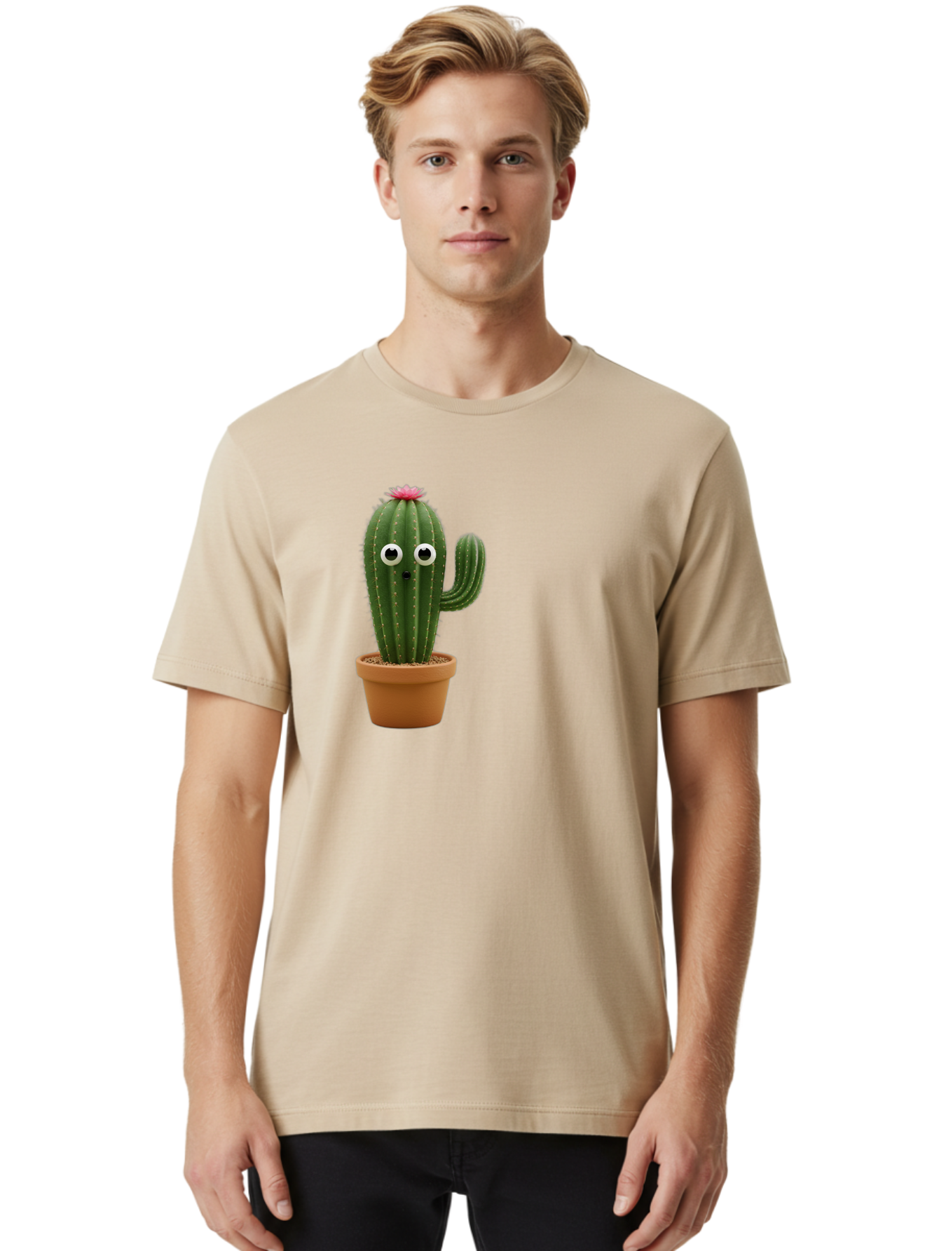Cactus-With-Eyes Men'S Graphic Tee, 100% Cotton, Comfortable Casual Summer Wear, Machine Washable, Cute Cactus, Cartoon Character, Funny Face, Googley Eyes, Potted Plant, Succulent, Quirky Decor, Whimsical Design, Indoor Plants, Kawaii Bab703