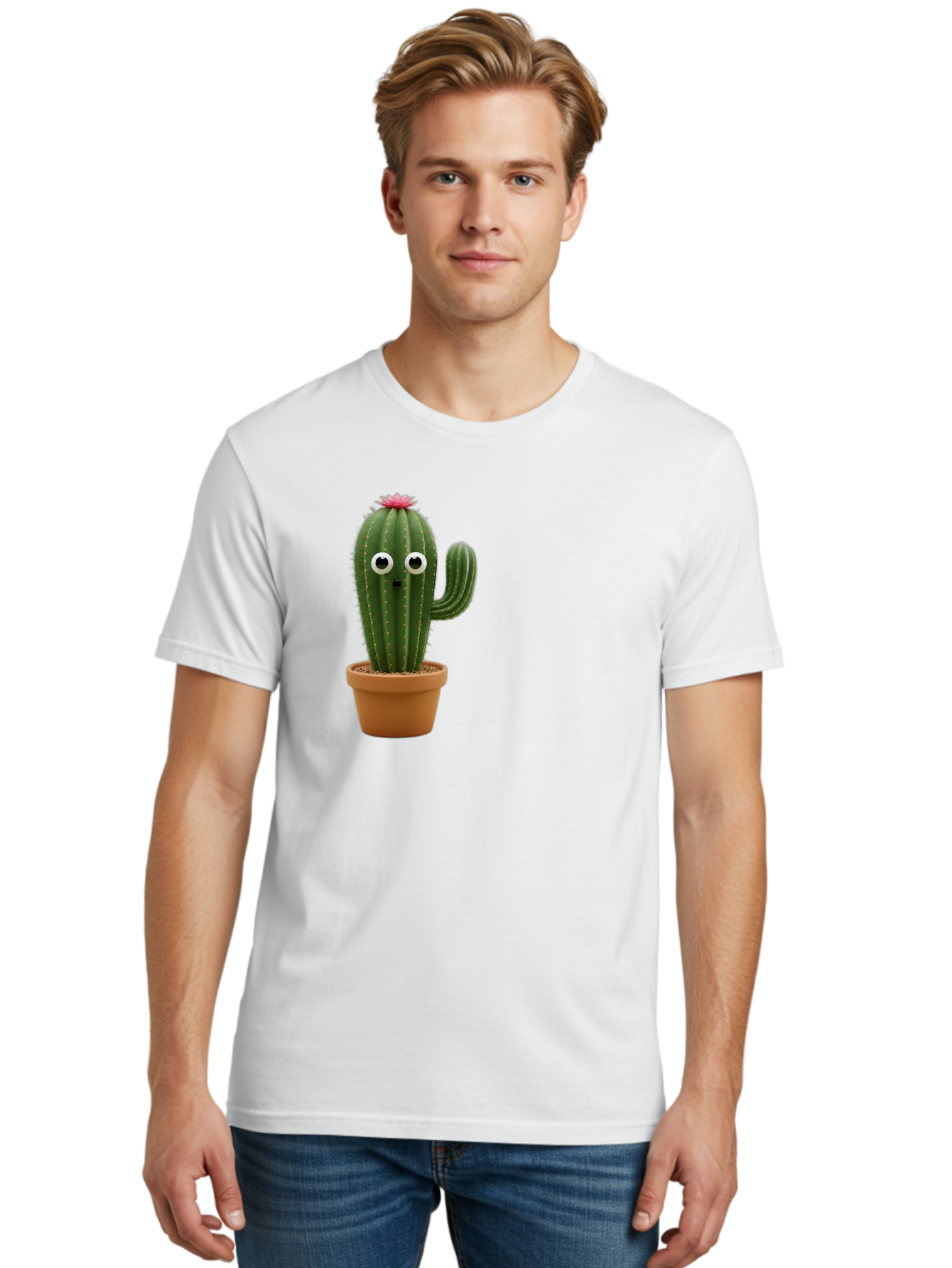 Cactus-With-Eyes Men'S Graphic Tee, 100% Cotton, Comfortable Casual Summer Wear, Machine Washable, Cute Cactus, Cartoon Character, Funny Face, Googley Eyes, Potted Plant, Succulent, Quirky Decor, Whimsical Design, Indoor Plants, Kawaii Bab703