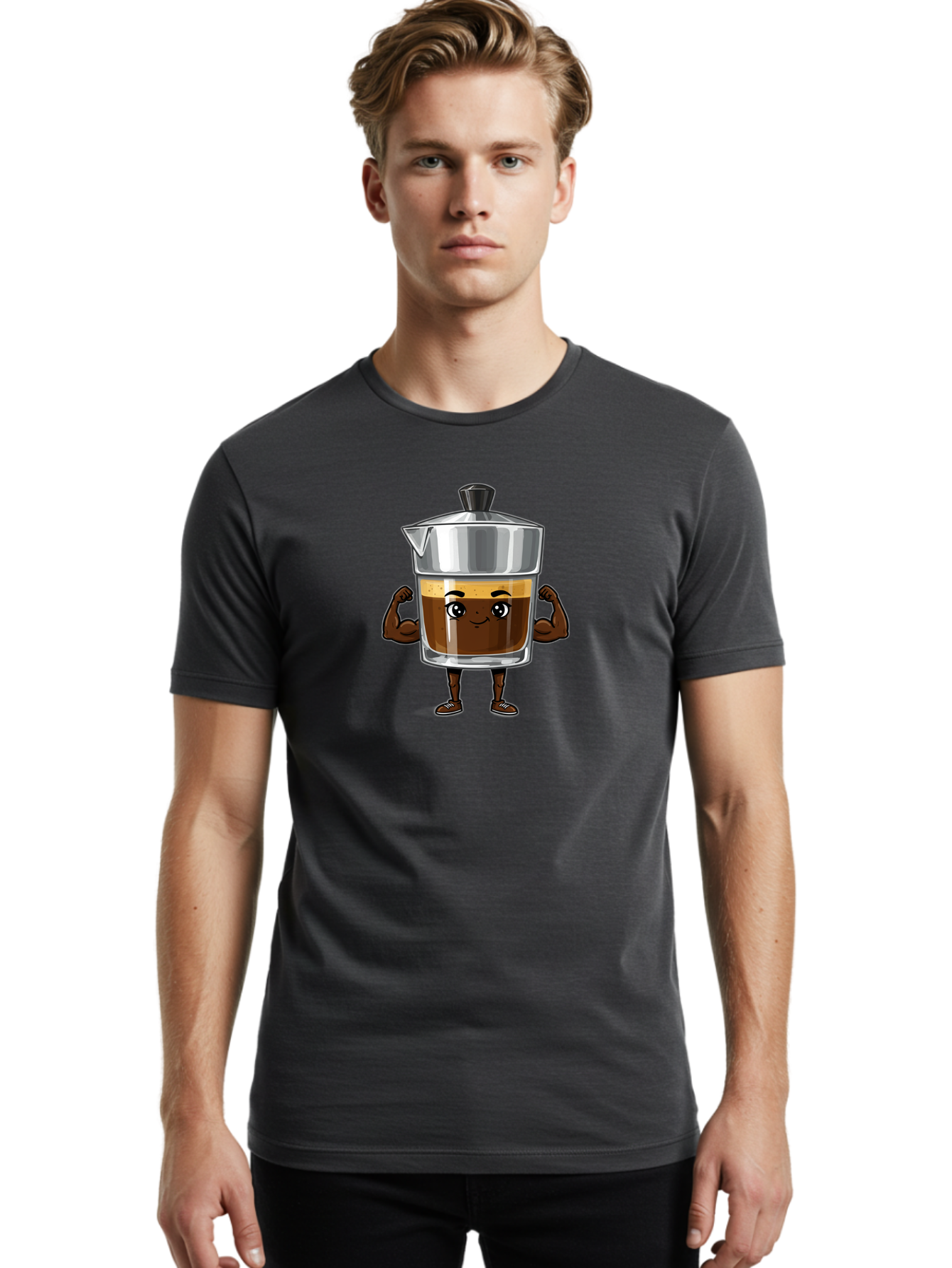 Cafe-Coffee Men'S Graphic Tee, 100% Cotton, Comfortable Casual Summer Wear, Machine Washable, Coffee Maker Character, Brown Coffee, Funny Face, Flexing Arms, Strong Muscles, Cute Cartoon, Coffee Lover, Morning Pick-Me-Up, Daily Grind Bab704