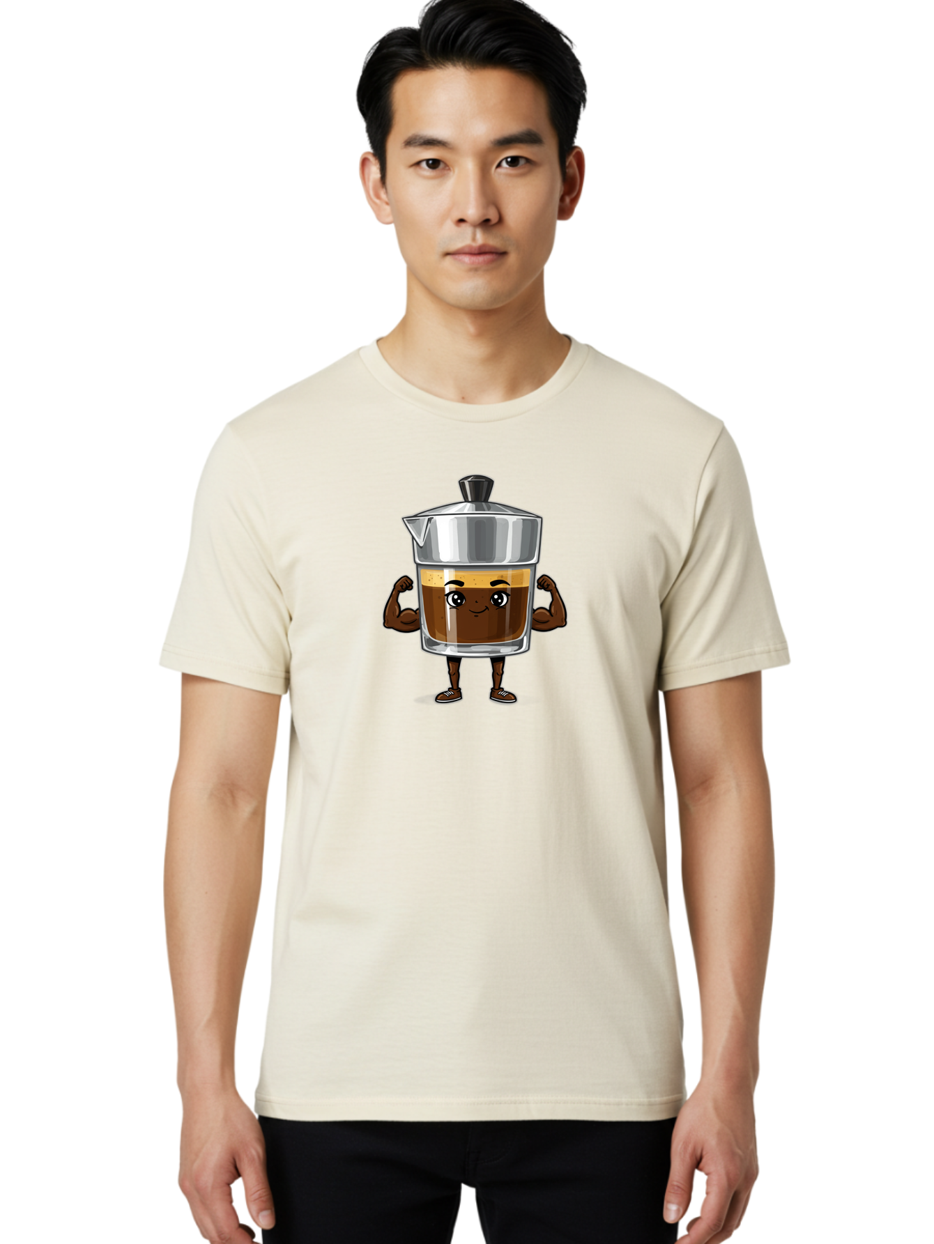 Cafe-Coffee Men'S Graphic Tee, 100% Cotton, Comfortable Casual Summer Wear, Machine Washable, Coffee Maker Character, Brown Coffee, Funny Face, Flexing Arms, Strong Muscles, Cute Cartoon, Coffee Lover, Morning Pick-Me-Up, Daily Grind Bab704