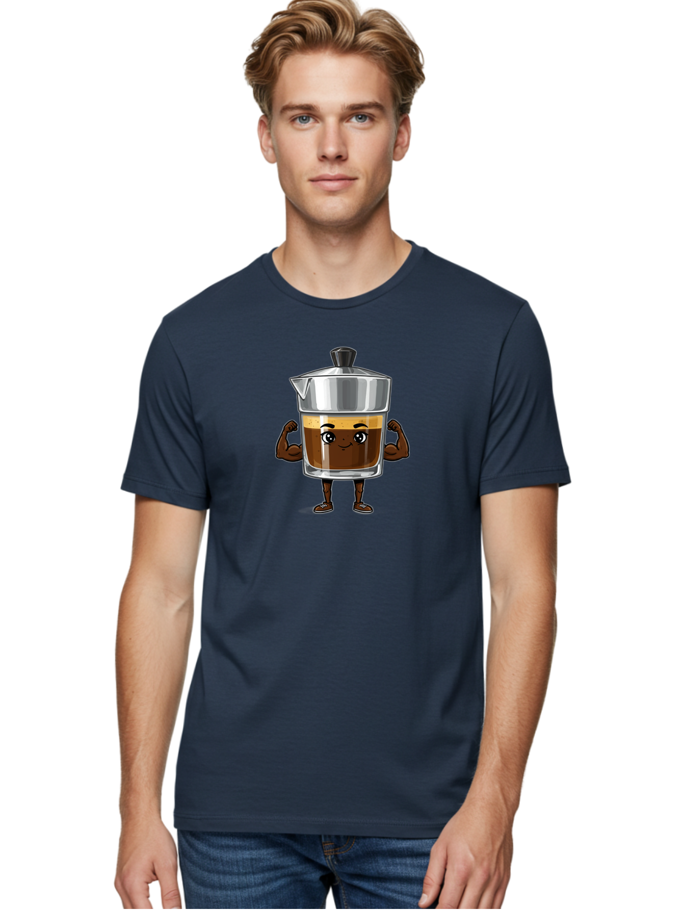 Cafe-Coffee Men'S Graphic Tee, 100% Cotton, Comfortable Casual Summer Wear, Machine Washable, Coffee Maker Character, Brown Coffee, Funny Face, Flexing Arms, Strong Muscles, Cute Cartoon, Coffee Lover, Morning Pick-Me-Up, Daily Grind Bab704