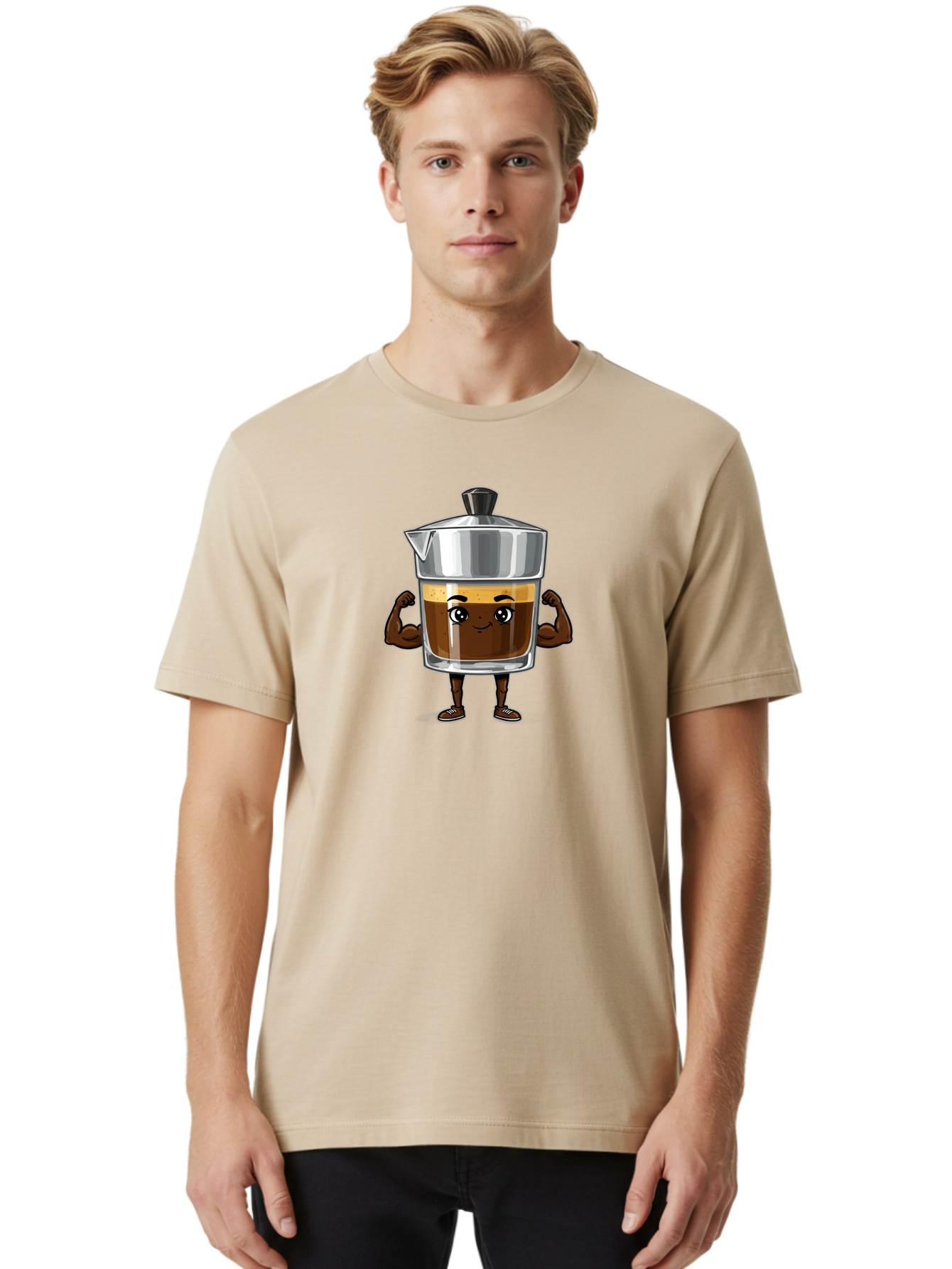 Cafe-Coffee Men'S Graphic Tee, 100% Cotton, Comfortable Casual Summer Wear, Machine Washable, Coffee Maker Character, Brown Coffee, Funny Face, Flexing Arms, Strong Muscles, Cute Cartoon, Coffee Lover, Morning Pick-Me-Up, Daily Grind Bab704