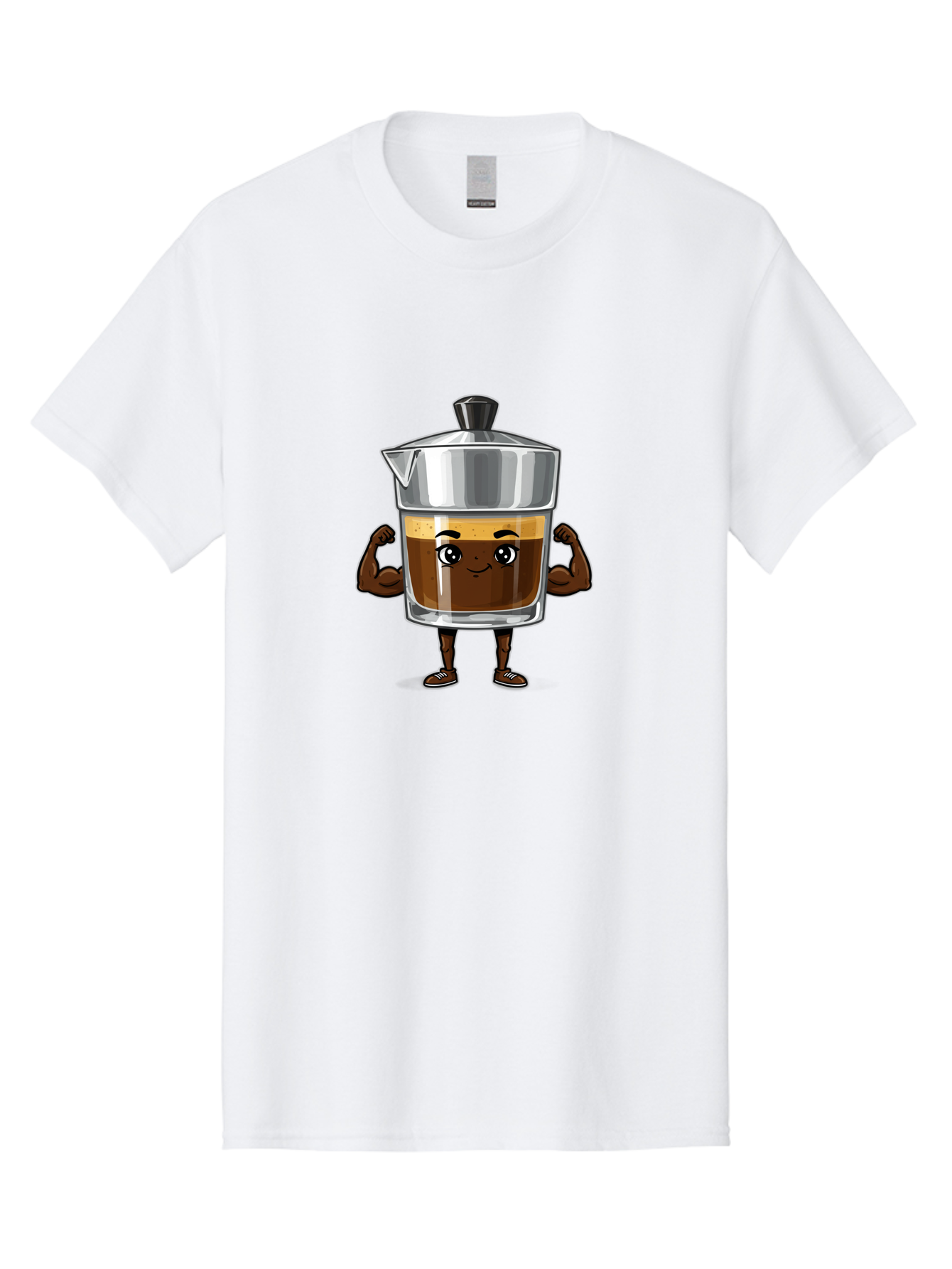 Cafe-Coffee Men'S Graphic Tee, 100% Cotton, Comfortable Casual Summer Wear, Machine Washable, Coffee Maker Character, Brown Coffee, Funny Face, Flexing Arms, Strong Muscles, Cute Cartoon, Coffee Lover, Morning Pick-Me-Up, Daily Grind Bab704