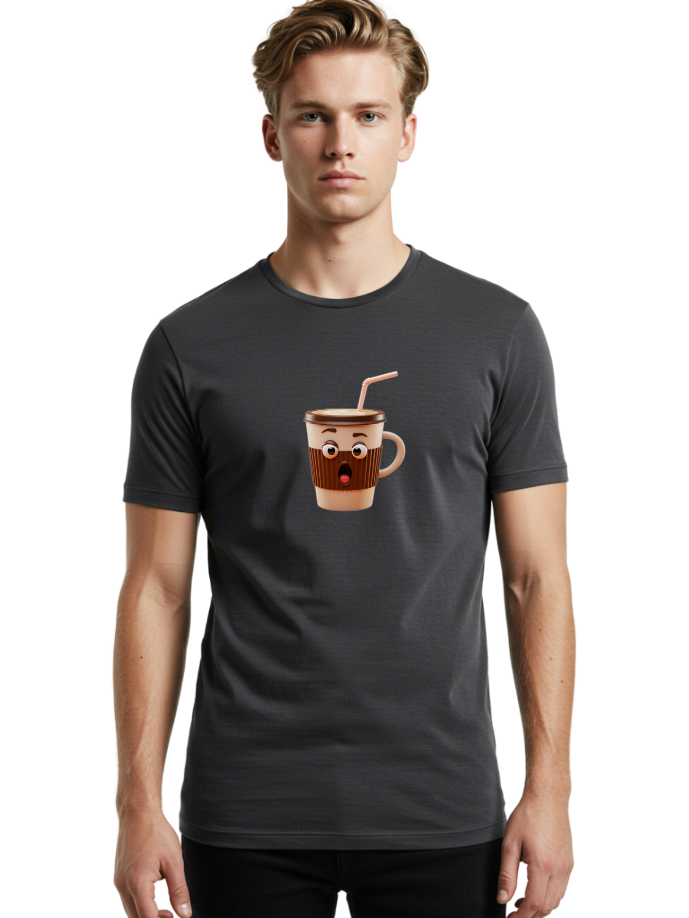 Cafe-Cup Men'S Graphic Tee, 100% Cotton, Comfortable Casual Summer Wear, Machine Washable, Cartoon Coffee Cup, Surprised Expression, Anthropomorphic Design, Coffee Beverage, Disposable Cup, Straw, Shocked Face, Funny Character Bab705