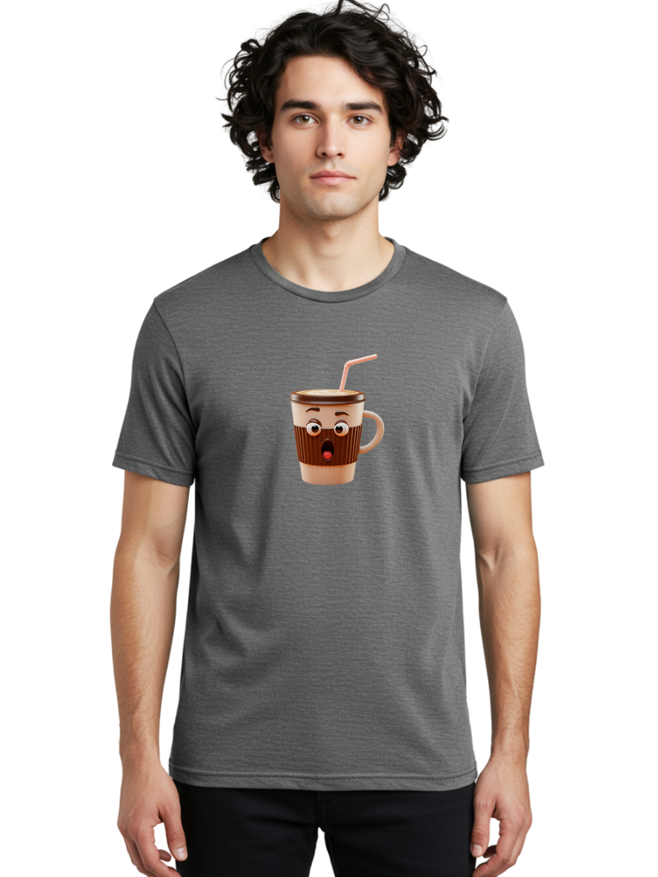 Cafe-Cup Men'S Graphic Tee, 100% Cotton, Comfortable Casual Summer Wear, Machine Washable, Cartoon Coffee Cup, Surprised Expression, Anthropomorphic Design, Coffee Beverage, Disposable Cup, Straw, Shocked Face, Funny Character Bab705