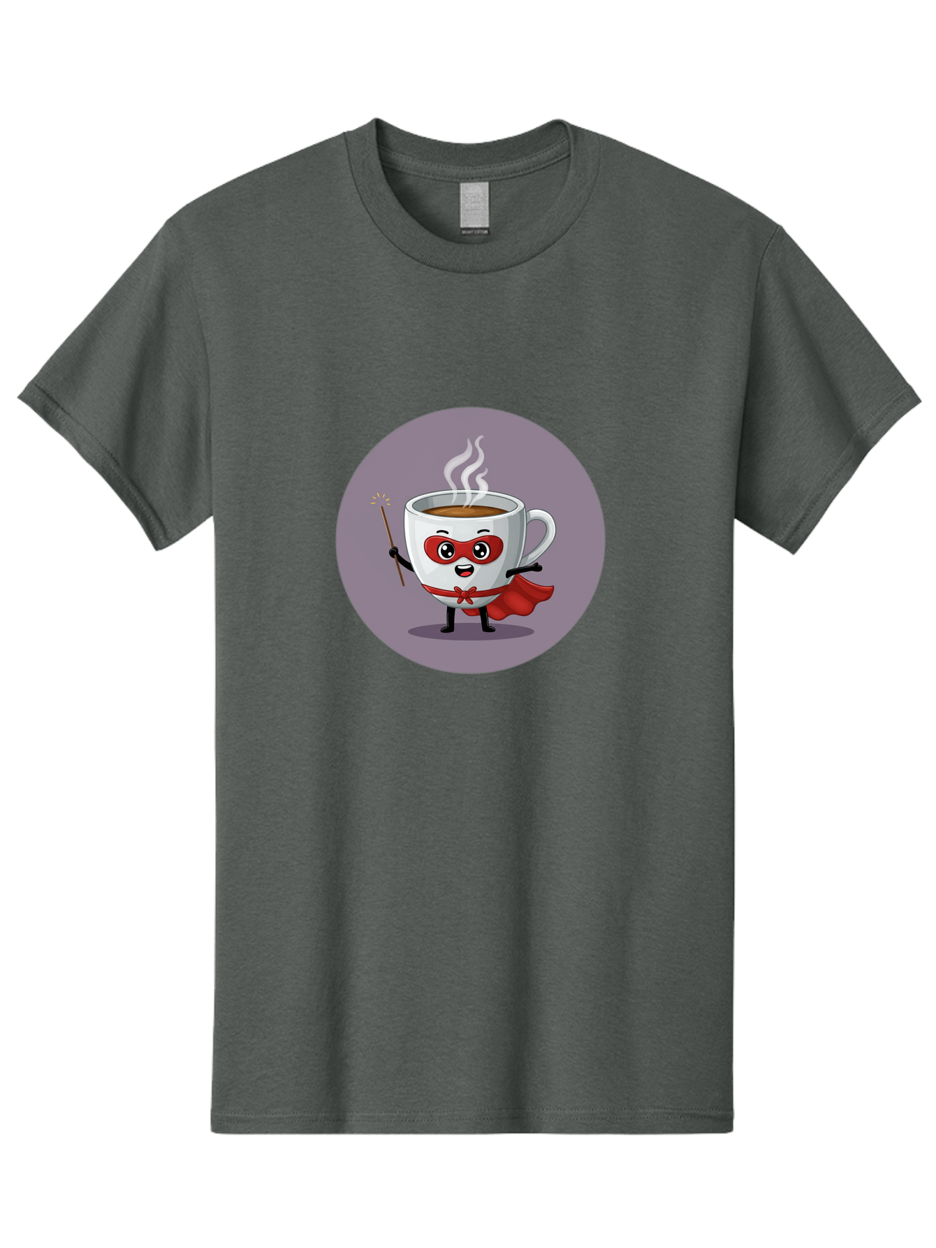 Cafe-Hero Men'S Graphic Tee, 100% Cotton, Comfortable Casual Summer Wear, Machine Washable, Cartoon Coffee Cup, Superhero Theme, Red Mask, Red Cape, Magical Wand, Steaming Hot Coffee, Funny Character, Animated Beverage Bab706