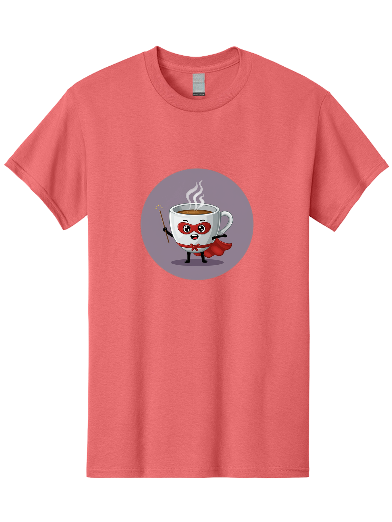 Cafe-Hero Men'S Graphic Tee, 100% Cotton, Comfortable Casual Summer Wear, Machine Washable, Cartoon Coffee Cup, Superhero Theme, Red Mask, Red Cape, Magical Wand, Steaming Hot Coffee, Funny Character, Animated Beverage Bab706