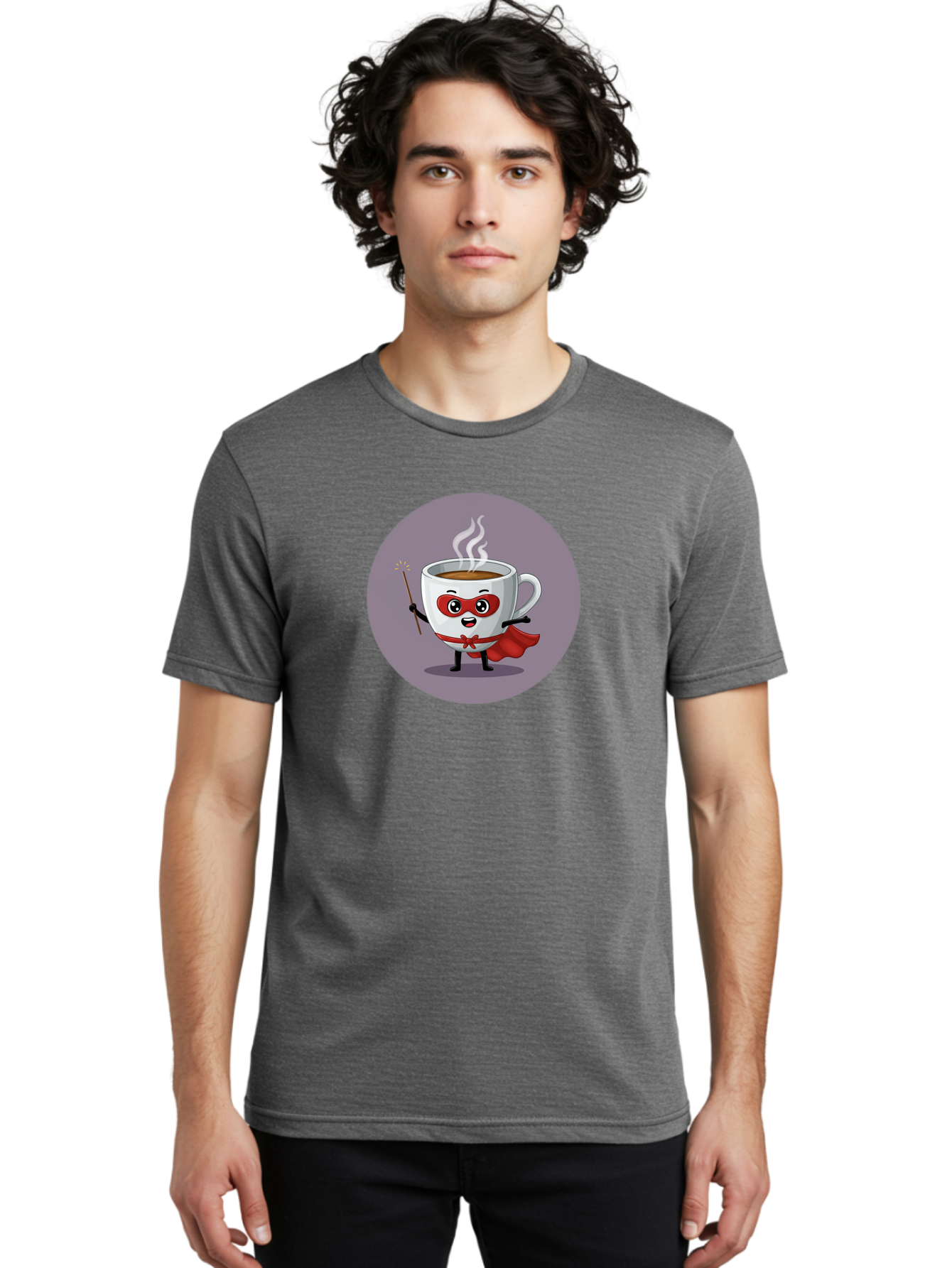 Cafe-Hero Men'S Graphic Tee, 100% Cotton, Comfortable Casual Summer Wear, Machine Washable, Cartoon Coffee Cup, Superhero Theme, Red Mask, Red Cape, Magical Wand, Steaming Hot Coffee, Funny Character, Animated Beverage Bab706