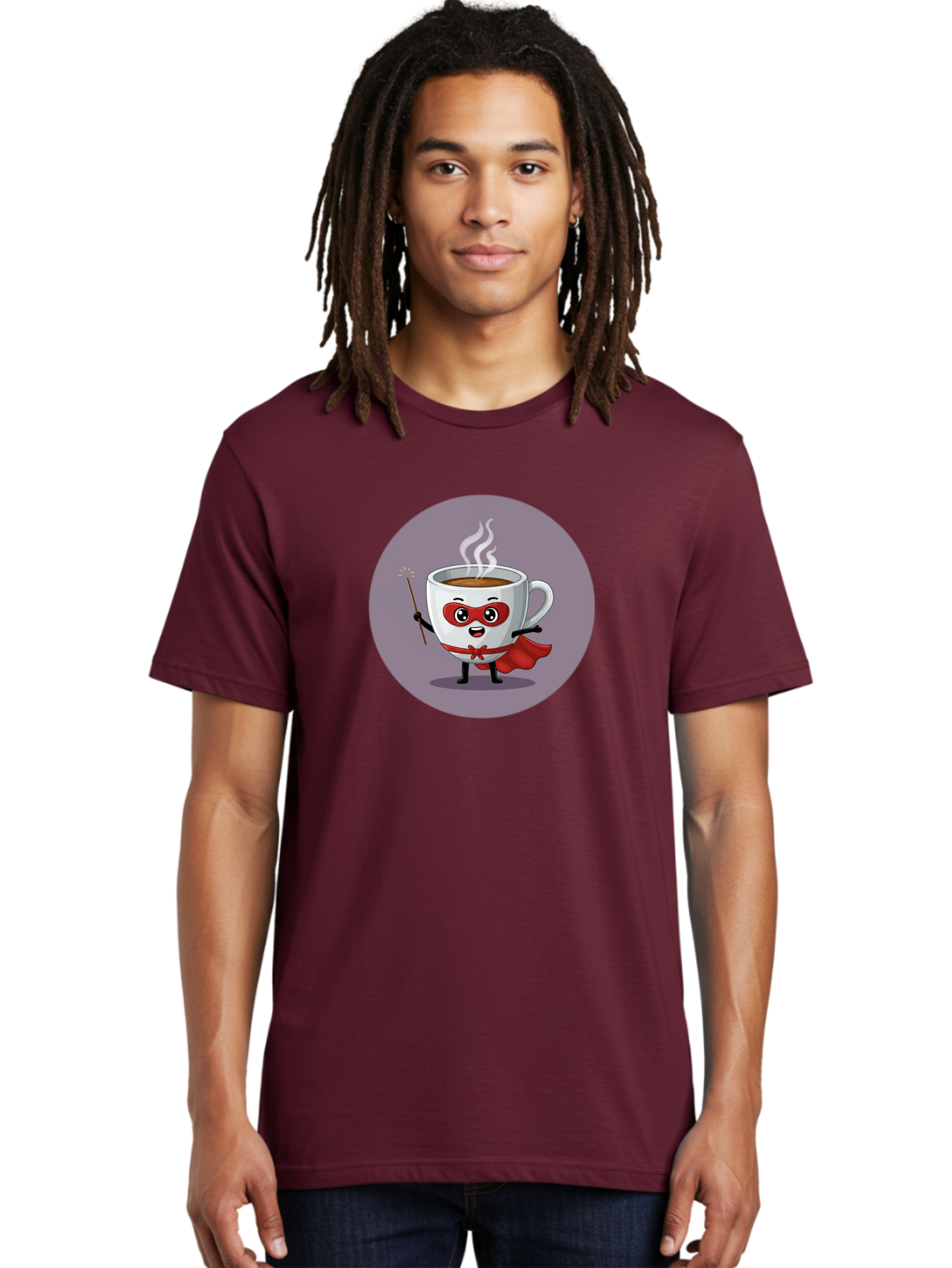 Cafe-Hero Men'S Graphic Tee, 100% Cotton, Comfortable Casual Summer Wear, Machine Washable, Cartoon Coffee Cup, Superhero Theme, Red Mask, Red Cape, Magical Wand, Steaming Hot Coffee, Funny Character, Animated Beverage Bab706