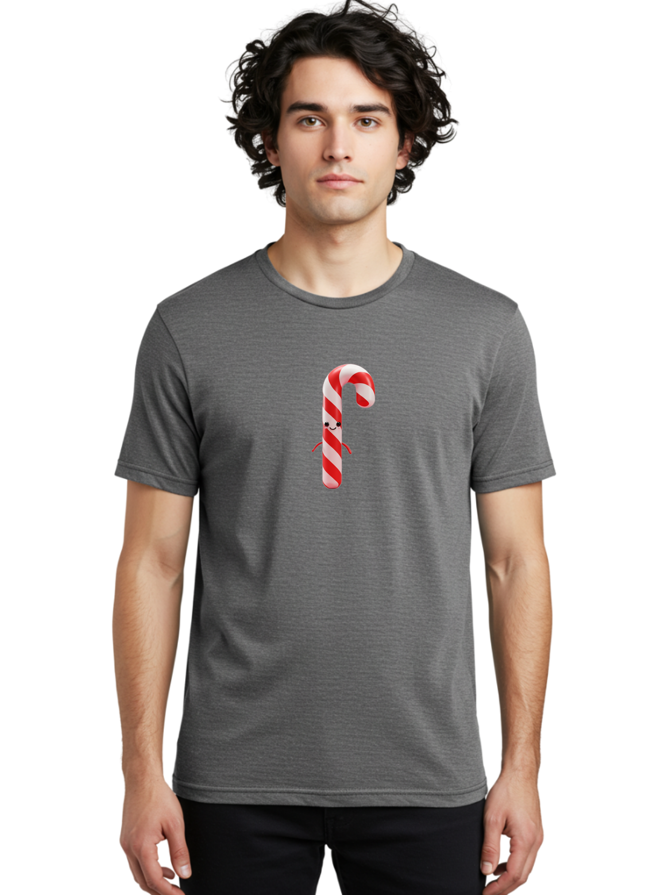 Candy-Cane-Character Men'S Graphic Tee, 100% Cotton, Comfortable Casual Summer Wear, Machine Washable, Red And White Candy Cane, Cartoon Character, Festive Holiday Treat, Sweet Indulgence, Cheerful Smile, Adorable Arms, Christmas Delight Bab708