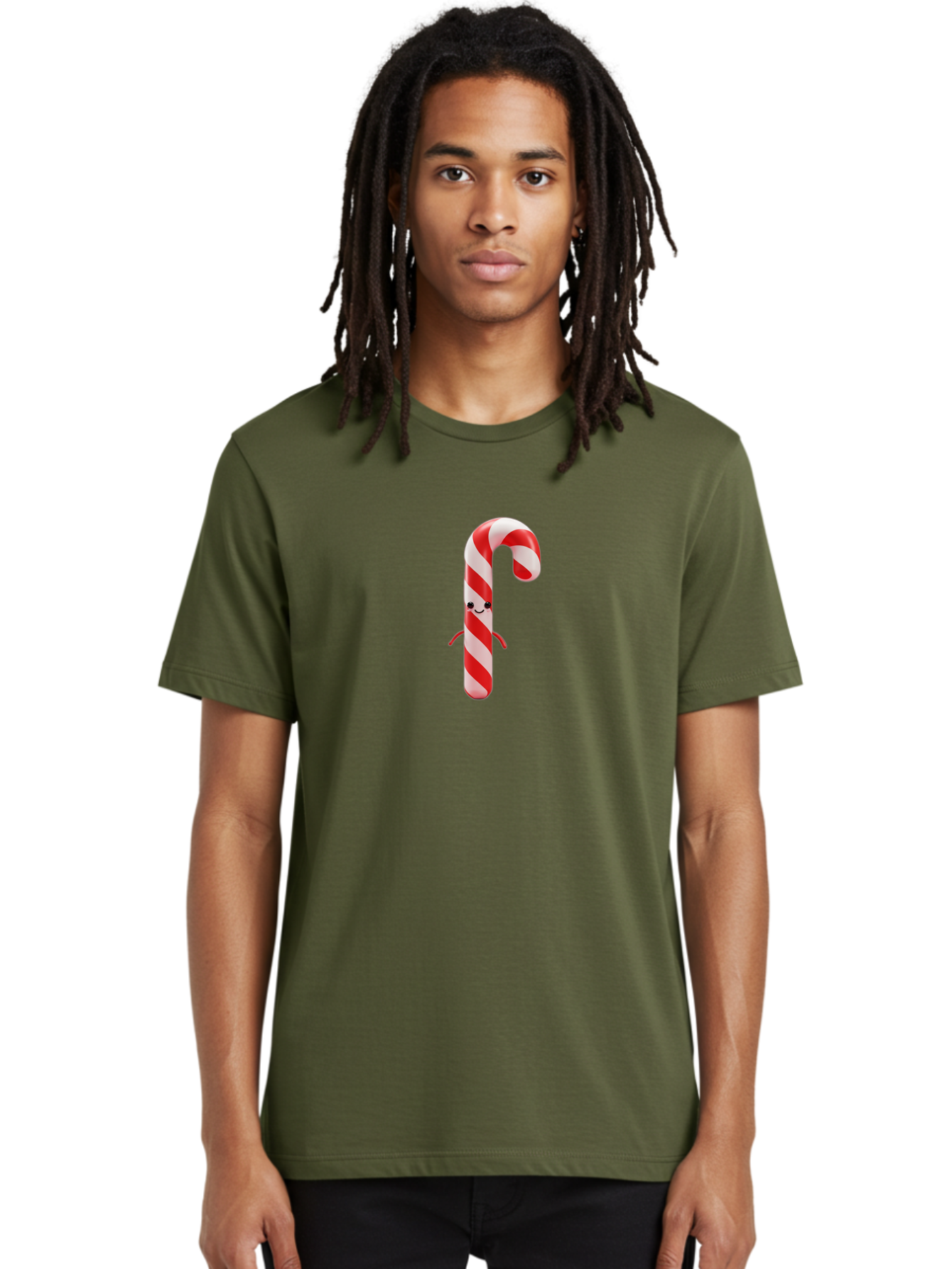 Candy-Cane-Character Men'S Graphic Tee, 100% Cotton, Comfortable Casual Summer Wear, Machine Washable, Red And White Candy Cane, Cartoon Character, Festive Holiday Treat, Sweet Indulgence, Cheerful Smile, Adorable Arms, Christmas Delight Bab708