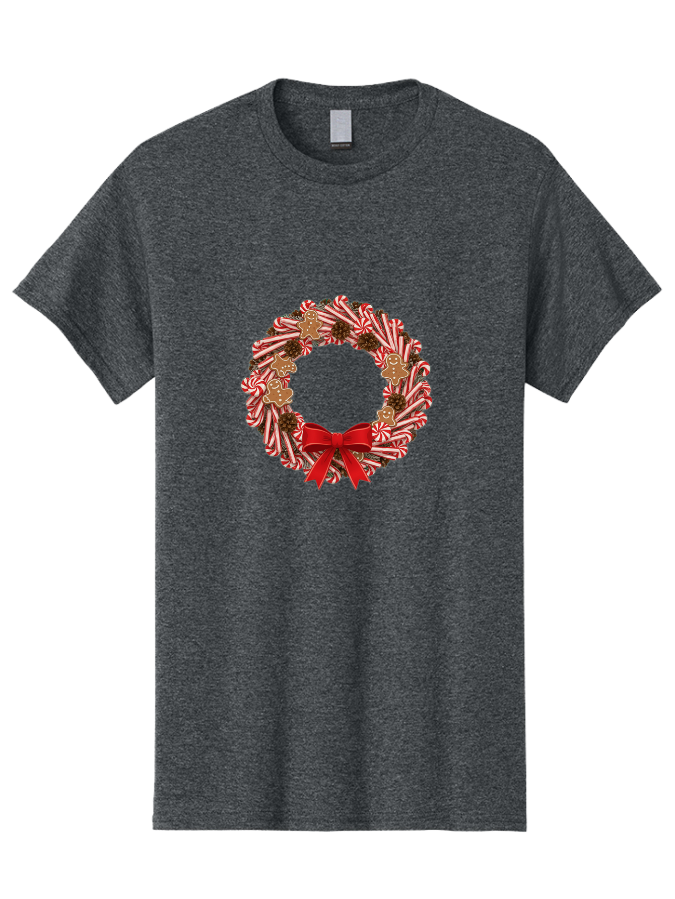 Candy-Cane-Wreath Men'S Graphic Tee, 100% Cotton, Comfortable Casual Summer Wear, Machine Washable, Candy Cane Wreath, Christmas Decoration, Holiday Decor, Red And White Striped Candy Canes, Gingerbread Men, Festive Atmosphere, Bab709