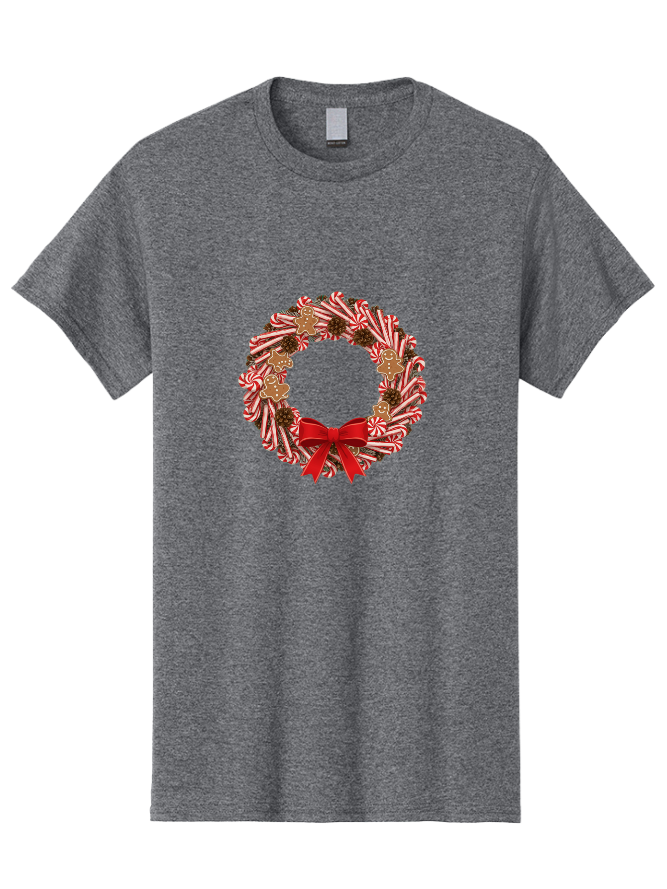 Candy-Cane-Wreath Men'S Graphic Tee, 100% Cotton, Comfortable Casual Summer Wear, Machine Washable, Candy Cane Wreath, Christmas Decoration, Holiday Decor, Red And White Striped Candy Canes, Gingerbread Men, Festive Atmosphere, Bab709