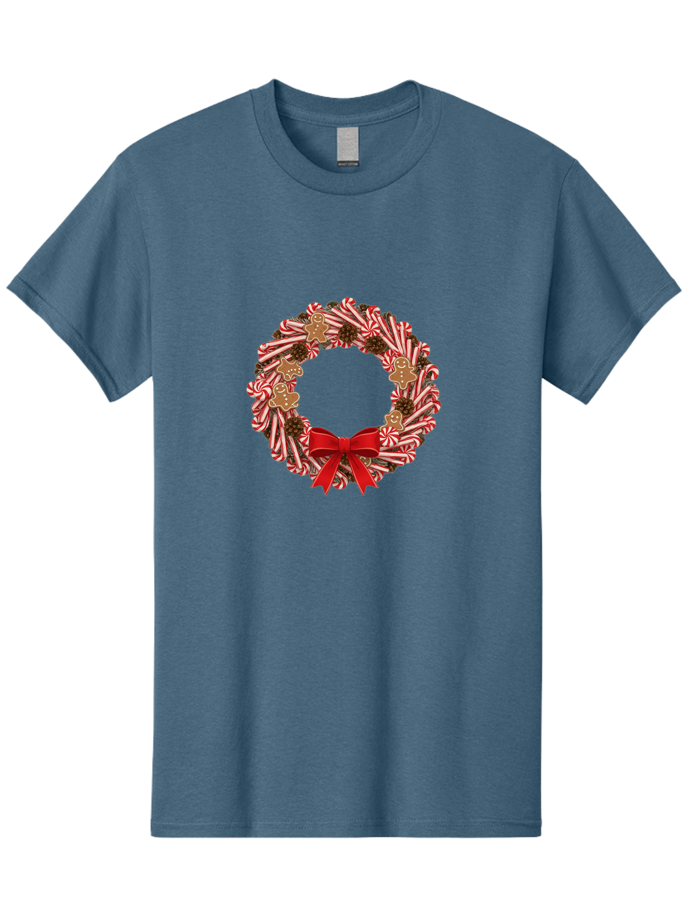 Candy-Cane-Wreath Men'S Graphic Tee, 100% Cotton, Comfortable Casual Summer Wear, Machine Washable, Candy Cane Wreath, Christmas Decoration, Holiday Decor, Red And White Striped Candy Canes, Gingerbread Men, Festive Atmosphere, Bab709