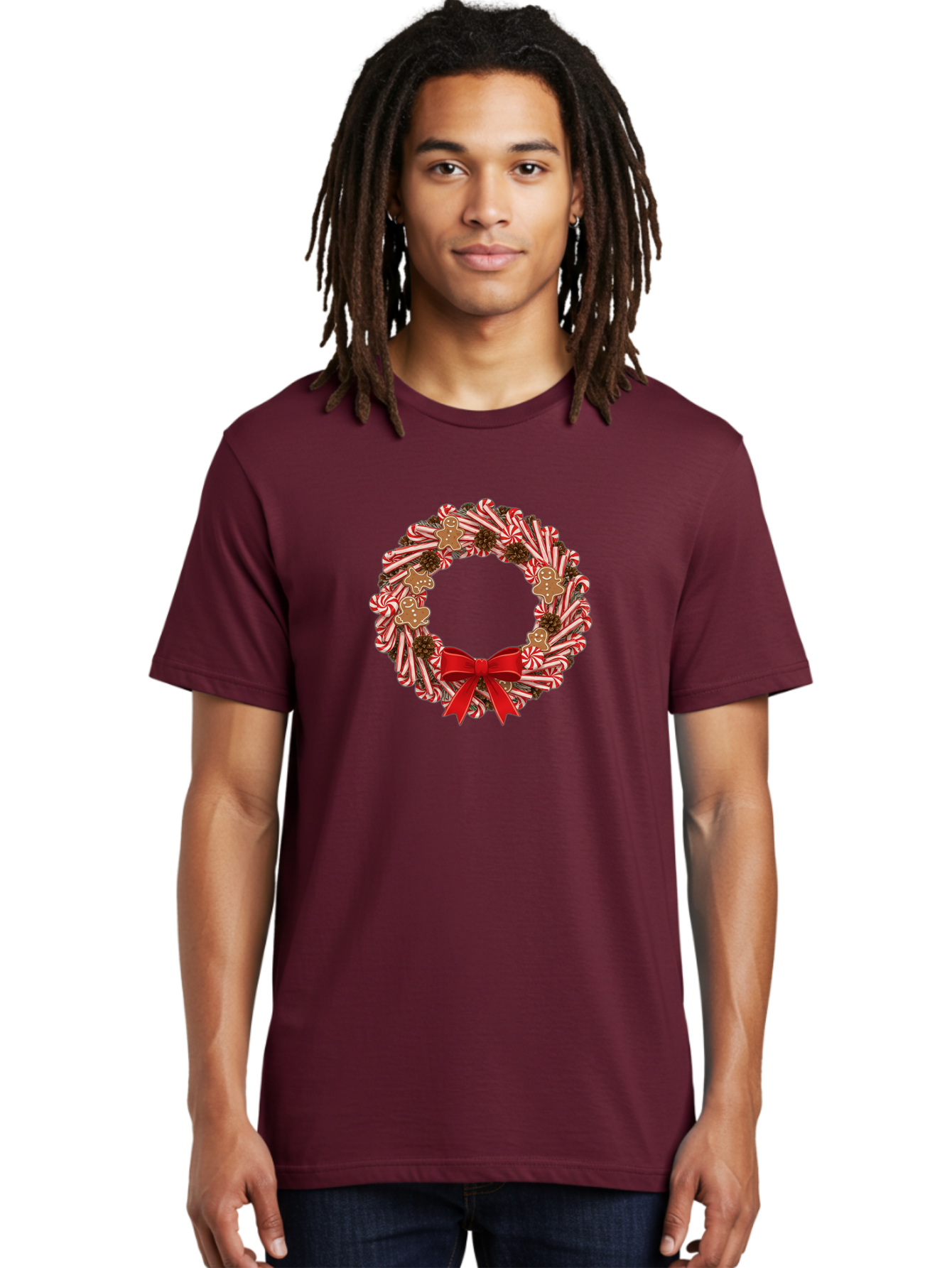 Candy-Cane-Wreath Men'S Graphic Tee, 100% Cotton, Comfortable Casual Summer Wear, Machine Washable, Candy Cane Wreath, Christmas Decoration, Holiday Decor, Red And White Striped Candy Canes, Gingerbread Men, Festive Atmosphere, Bab709