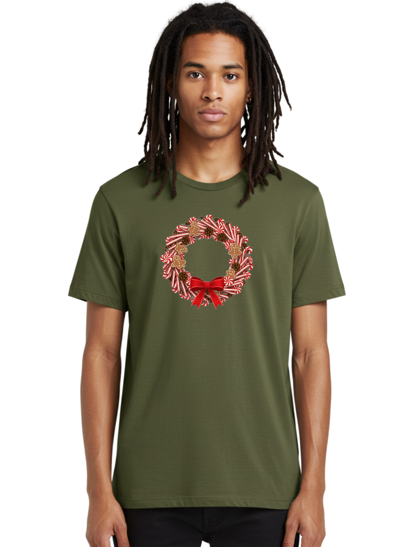 Candy-Cane-Wreath Men'S Graphic Tee, 100% Cotton, Comfortable Casual Summer Wear, Machine Washable, Candy Cane Wreath, Christmas Decoration, Holiday Decor, Red And White Striped Candy Canes, Gingerbread Men, Festive Atmosphere, Bab709