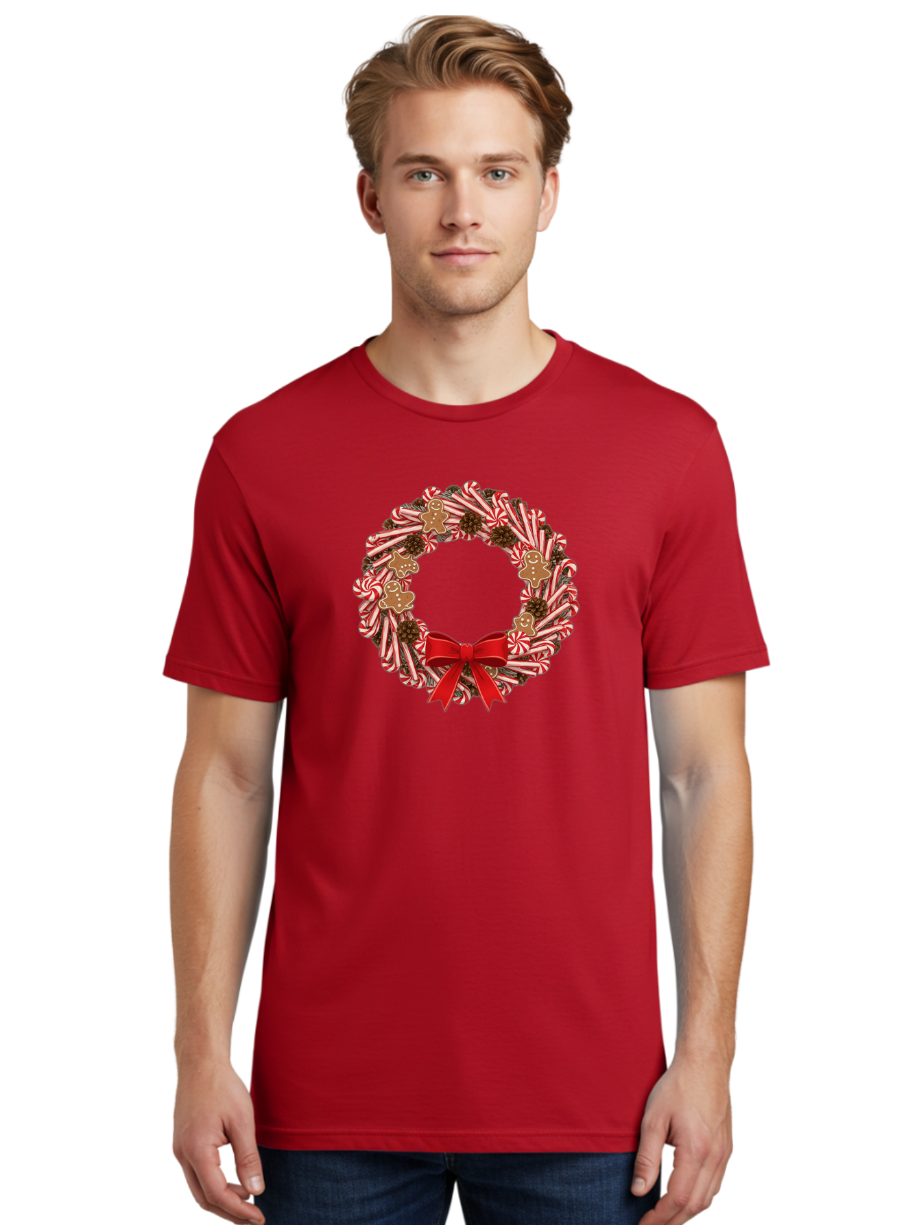 Candy-Cane-Wreath Men'S Graphic Tee, 100% Cotton, Comfortable Casual Summer Wear, Machine Washable, Candy Cane Wreath, Christmas Decoration, Holiday Decor, Red And White Striped Candy Canes, Gingerbread Men, Festive Atmosphere, Bab709