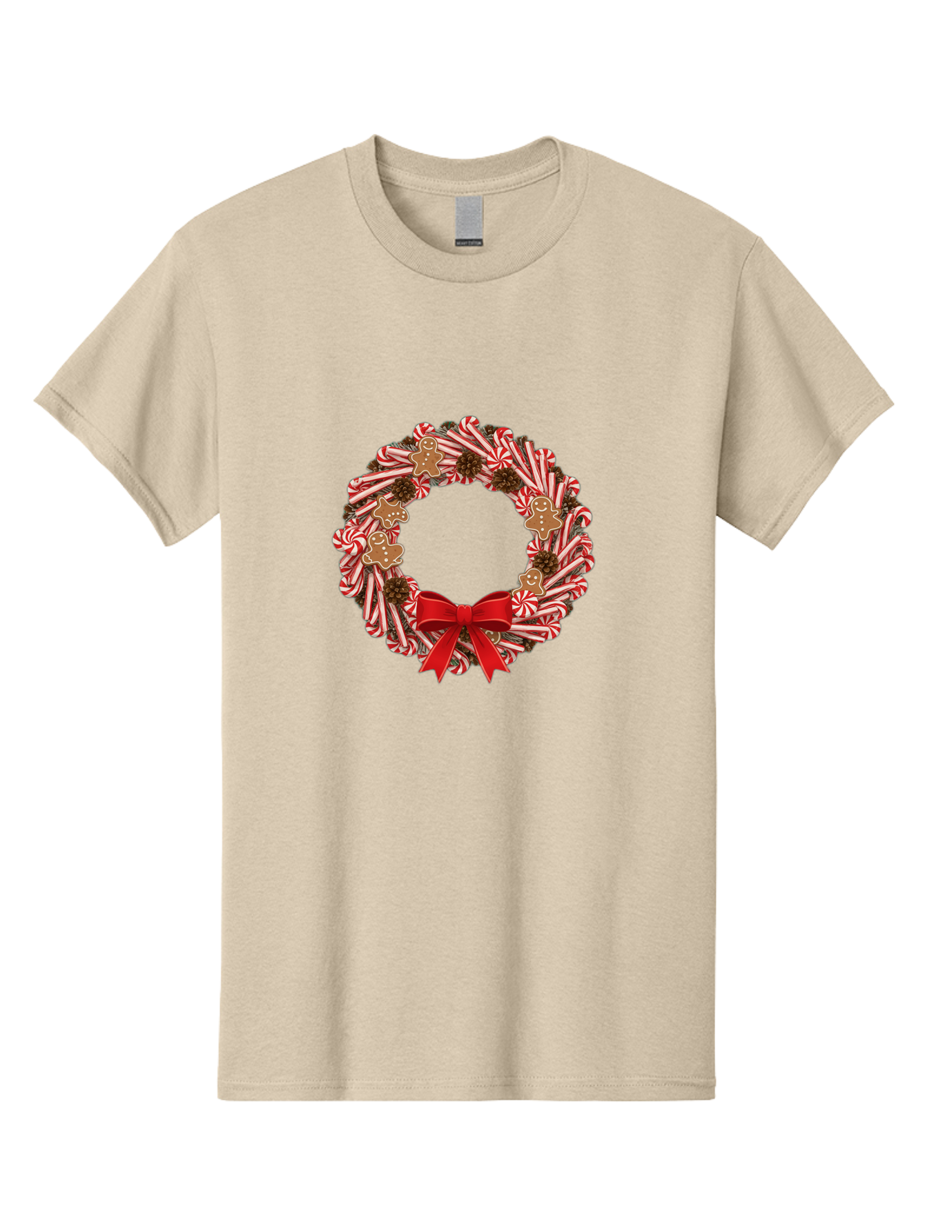 Candy-Cane-Wreath Men'S Graphic Tee, 100% Cotton, Comfortable Casual Summer Wear, Machine Washable, Candy Cane Wreath, Christmas Decoration, Holiday Decor, Red And White Striped Candy Canes, Gingerbread Men, Festive Atmosphere, Bab709