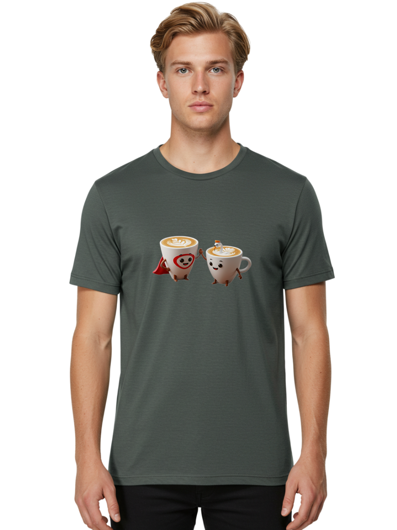 Cappuccino-Friends Men'S Graphic Tee, 100% Cotton, Comfortable Casual Summer Wear, Machine Washable, Cartoon Coffee Cups, Anthropomorphic Coffee, Latte Art, Coffee Lovers, Friendly Cups, Holding Hands, Cute Characters, Cartoon Illustrations, Bab711