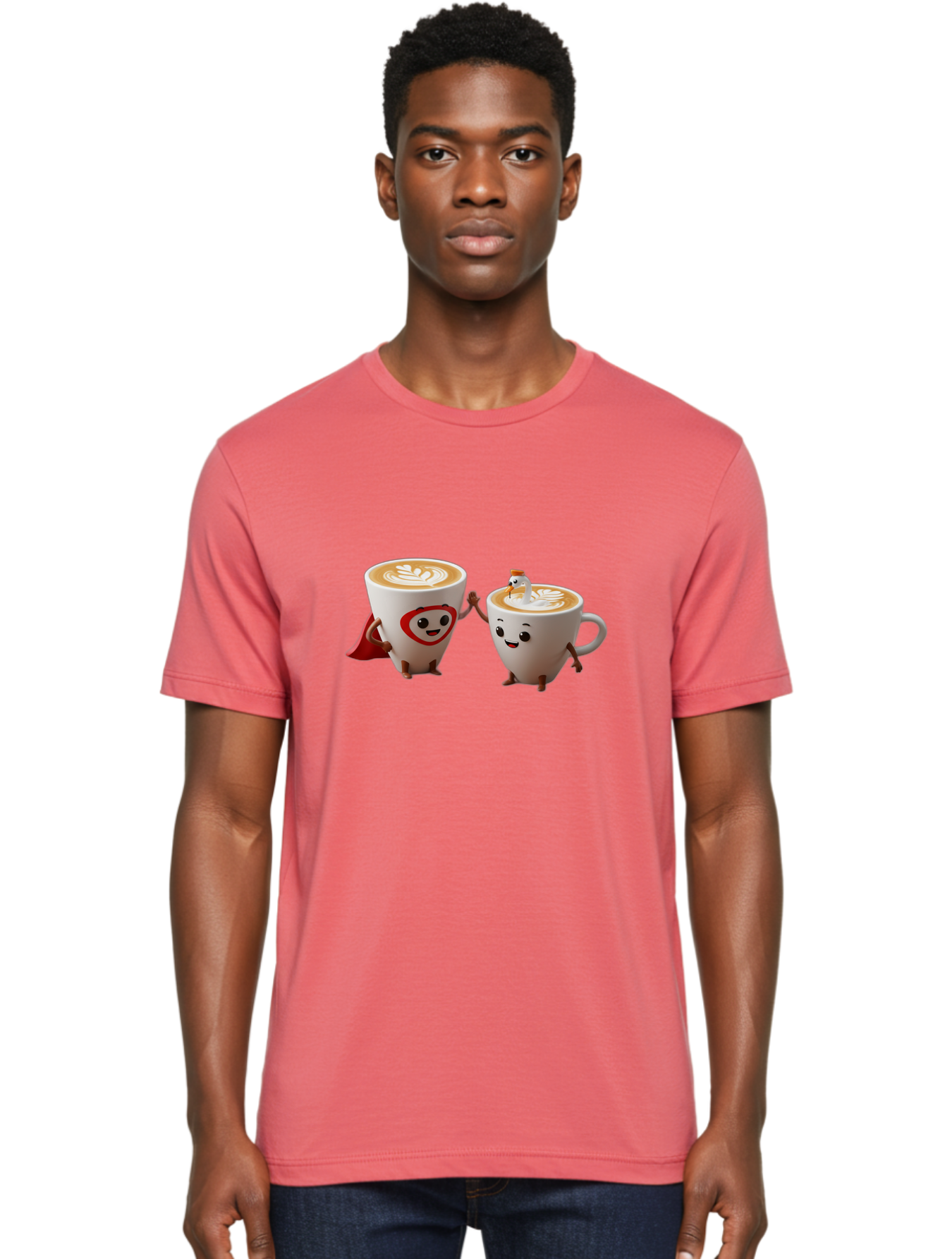 Cappuccino-Friends Men'S Graphic Tee, 100% Cotton, Comfortable Casual Summer Wear, Machine Washable, Cartoon Coffee Cups, Anthropomorphic Coffee, Latte Art, Coffee Lovers, Friendly Cups, Holding Hands, Cute Characters, Cartoon Illustrations, Bab711
