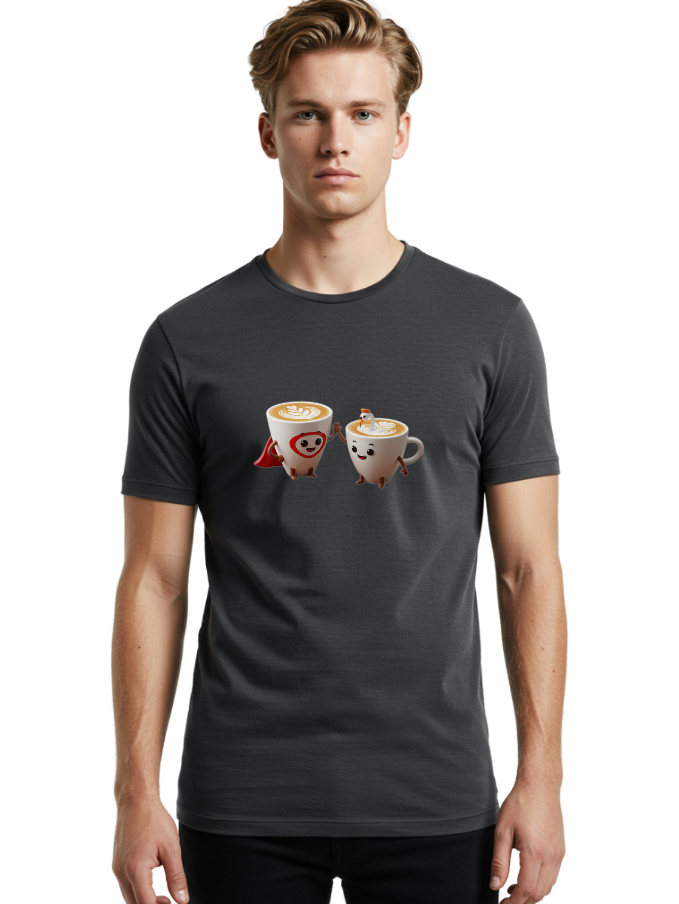 Cappuccino-Friends Men'S Graphic Tee, 100% Cotton, Comfortable Casual Summer Wear, Machine Washable, Cartoon Coffee Cups, Anthropomorphic Coffee, Latte Art, Coffee Lovers, Friendly Cups, Holding Hands, Cute Characters, Cartoon Illustrations, Bab711