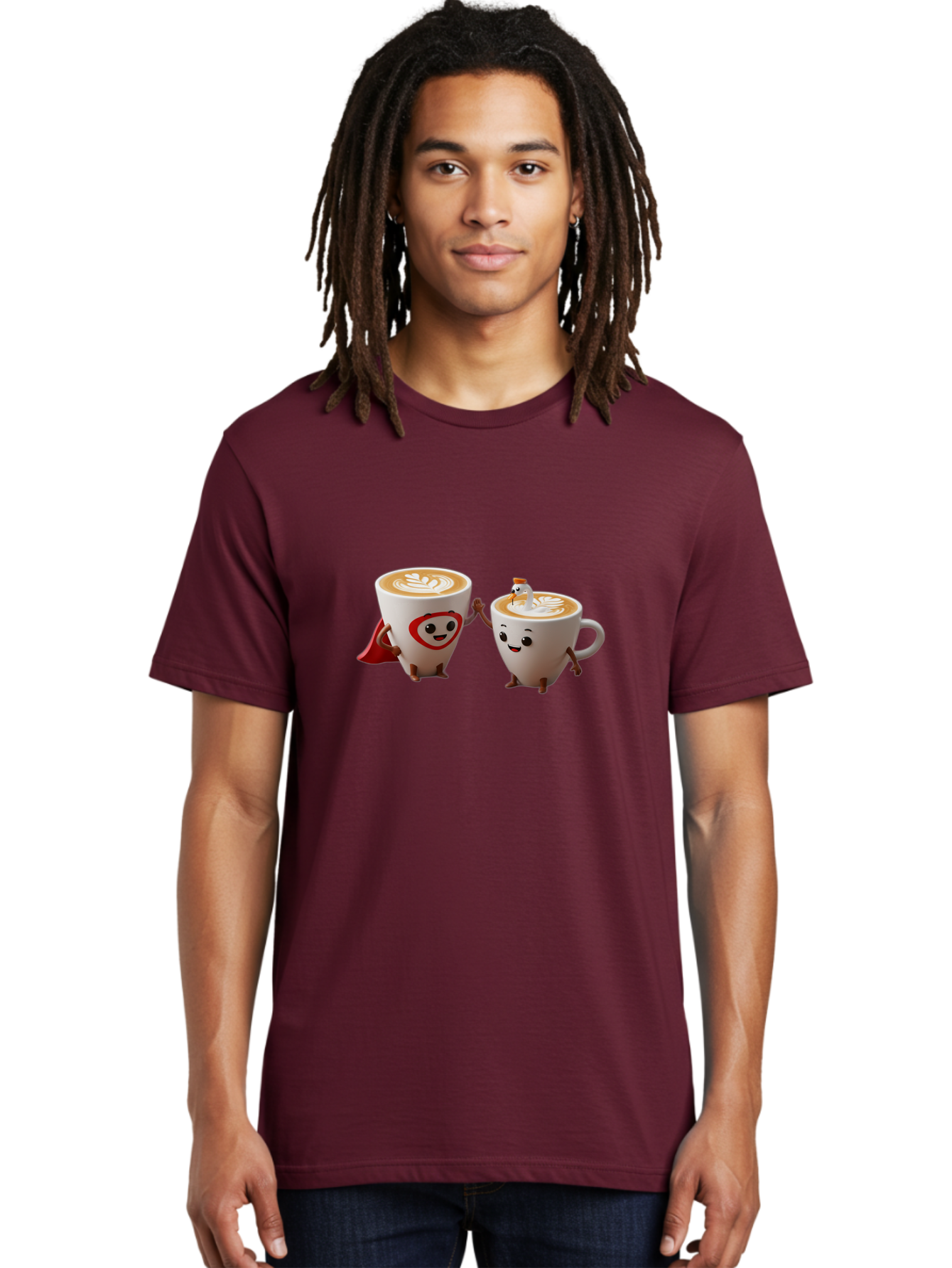 Cappuccino-Friends Men'S Graphic Tee, 100% Cotton, Comfortable Casual Summer Wear, Machine Washable, Cartoon Coffee Cups, Anthropomorphic Coffee, Latte Art, Coffee Lovers, Friendly Cups, Holding Hands, Cute Characters, Cartoon Illustrations, Bab711